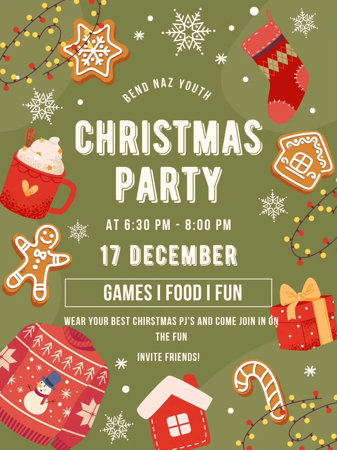 Save the date! 📅✨
Our Youth Christmas Party is Wednesday, December 17th at 6:30. Expect cozy Christmas chaos, fun traditions, and plenty of surprises &mdash; just make sure you wear your Christmas pajamas! 🎄🎉