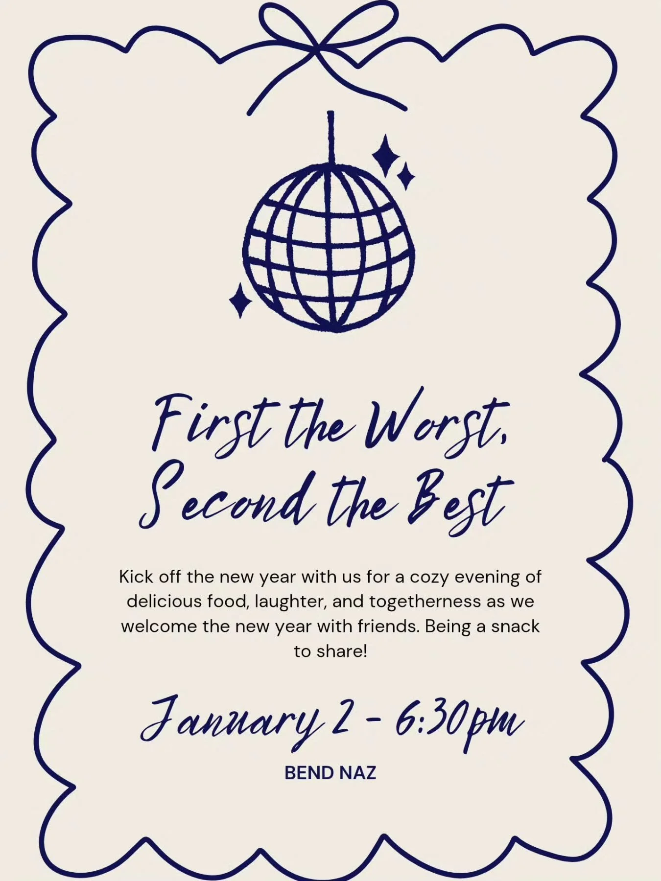 Kick off the new year with good food and great people 🫶
🗓️ January 2nd at 6:30 PM
📍 Bend Naz
Potluck, board games, hangouts, and so much more&mdash;bring friends and don&rsquo;t miss it 🎊