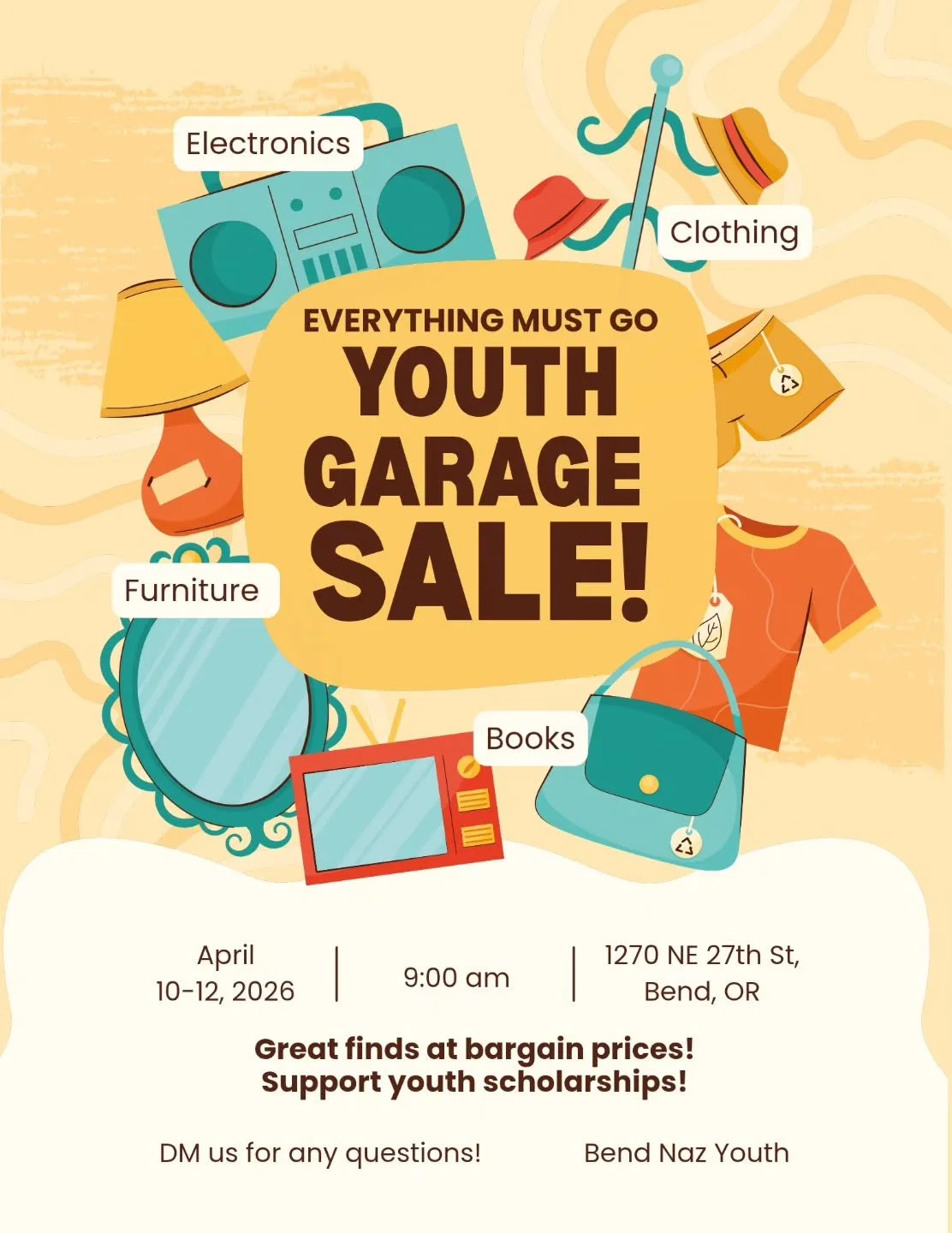 Garage Sale for a Cause! 
April 10&ndash;12 | Doors open at 9 AM
Every purchase helps support youth scholarships come shop and make a difference!