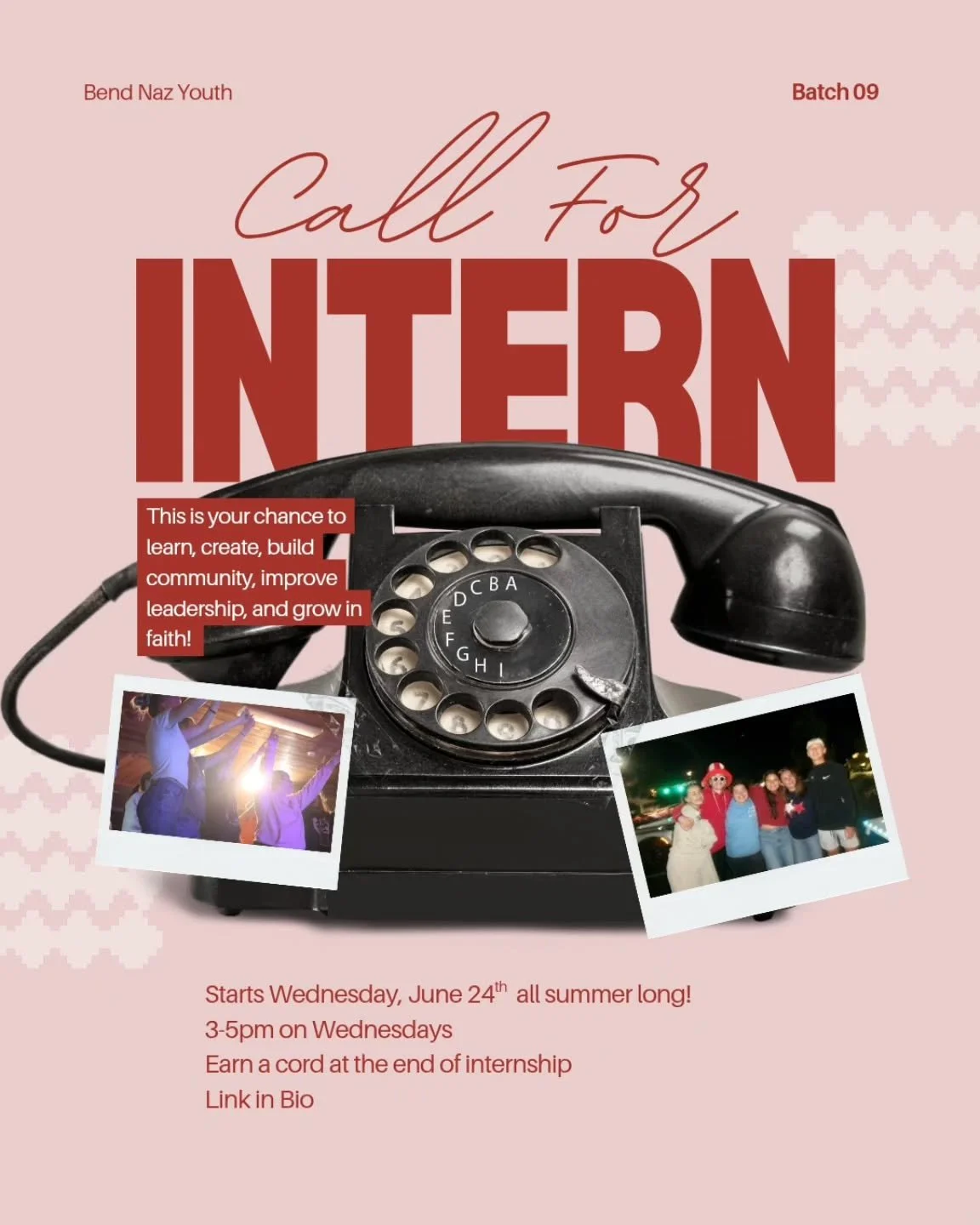 Ready to answer the call?
Bend Naz Youth Internships are here for the summer!
This is your chance to grow in leadership, build community, serve others, and deepen your faith alongside amazing people.
🗓 Wednesdays all summer long
⏰ 3&ndash;5 PM
🎓 Ea