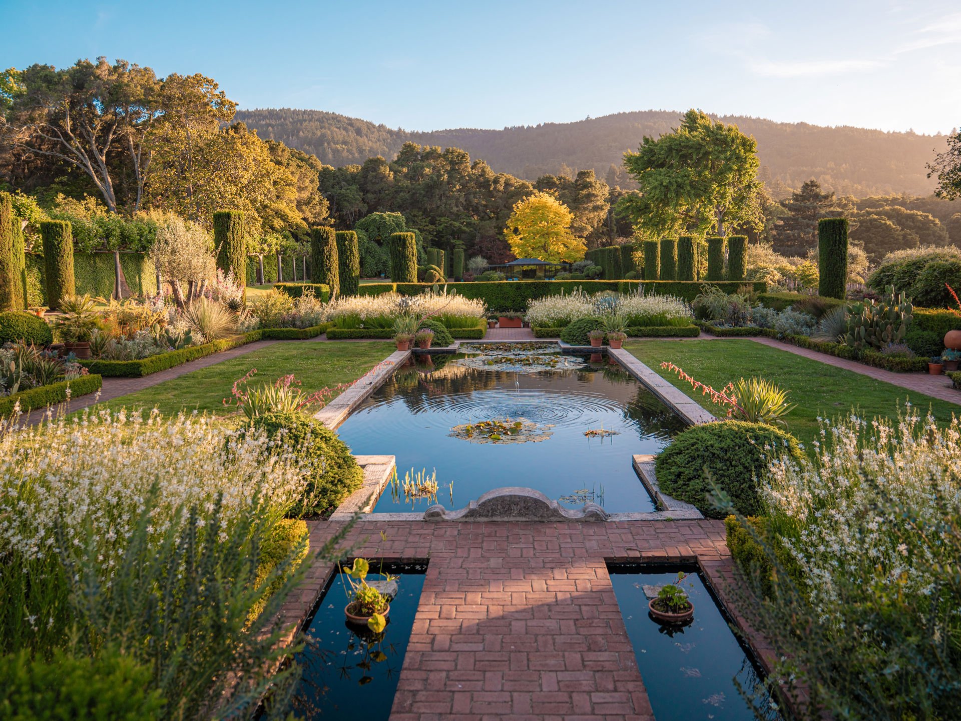 Formal gardens and reflecting pool at Filoli Historic House & Garden in Woodside, California