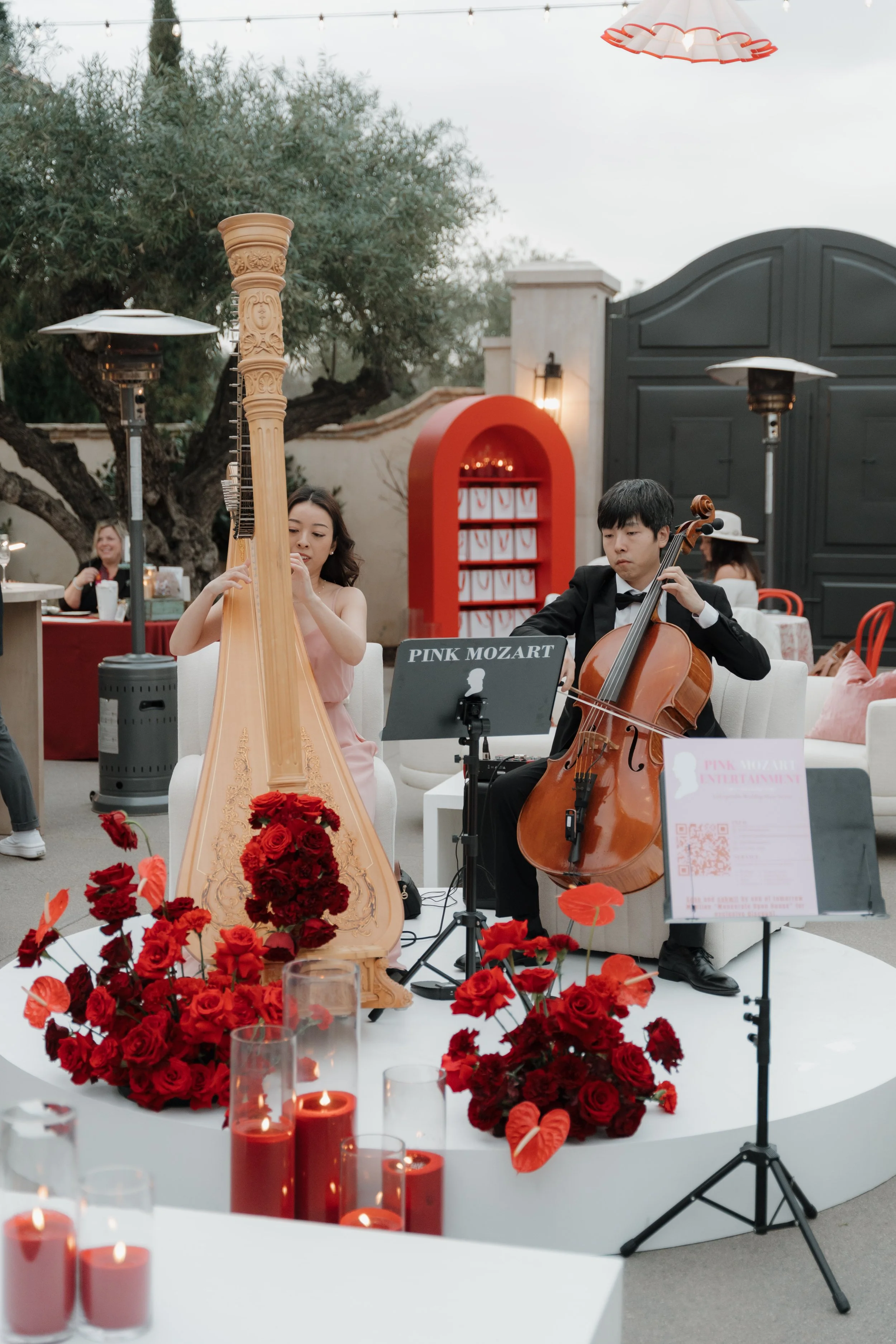 Pink Mozart harp and cello duo at Monserate Winery in Fallbrook, San Diego County
