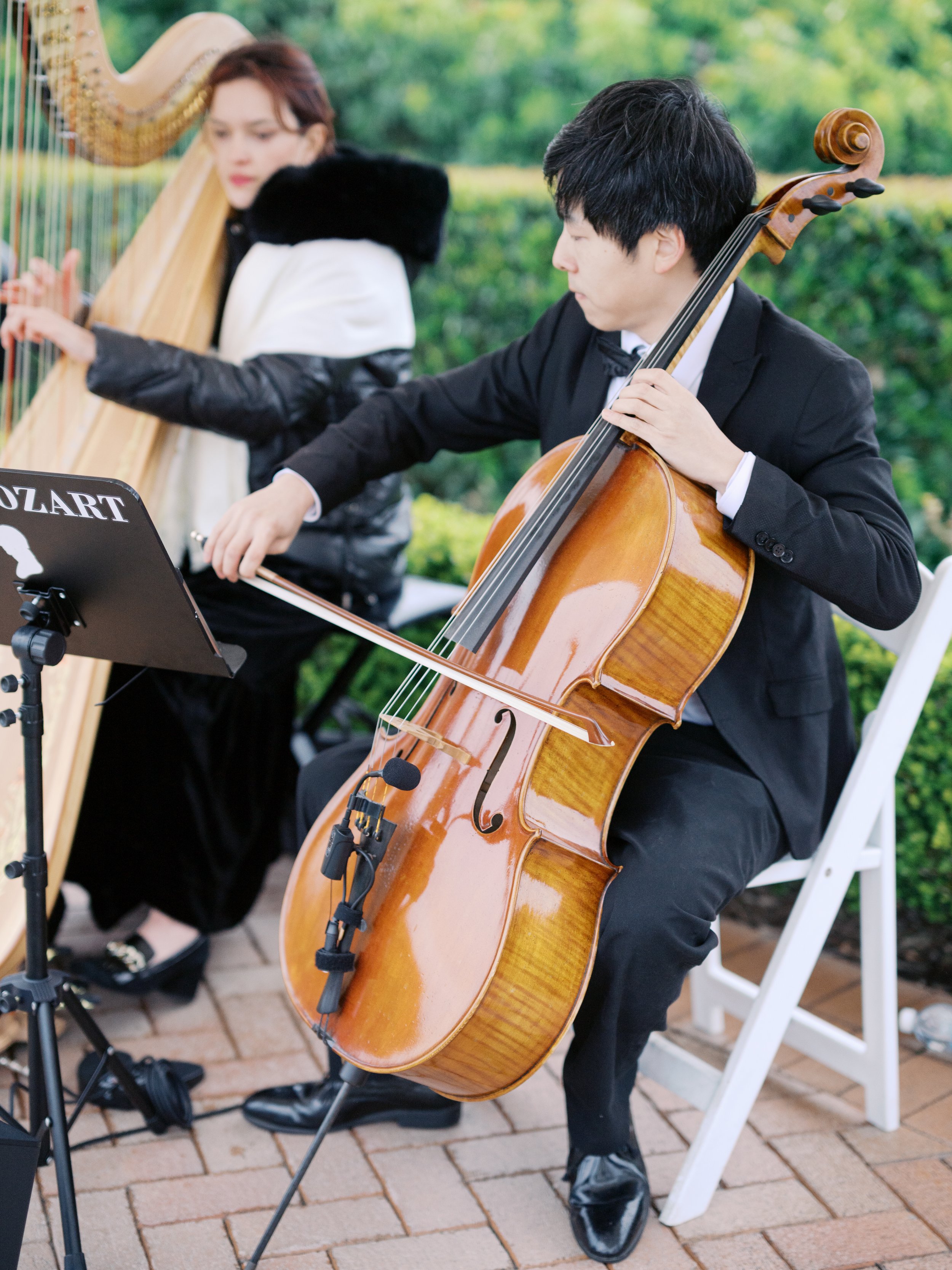 Pink Mozart cellist performing wedding music at The Resort at Pelican Hill in Newport Coast