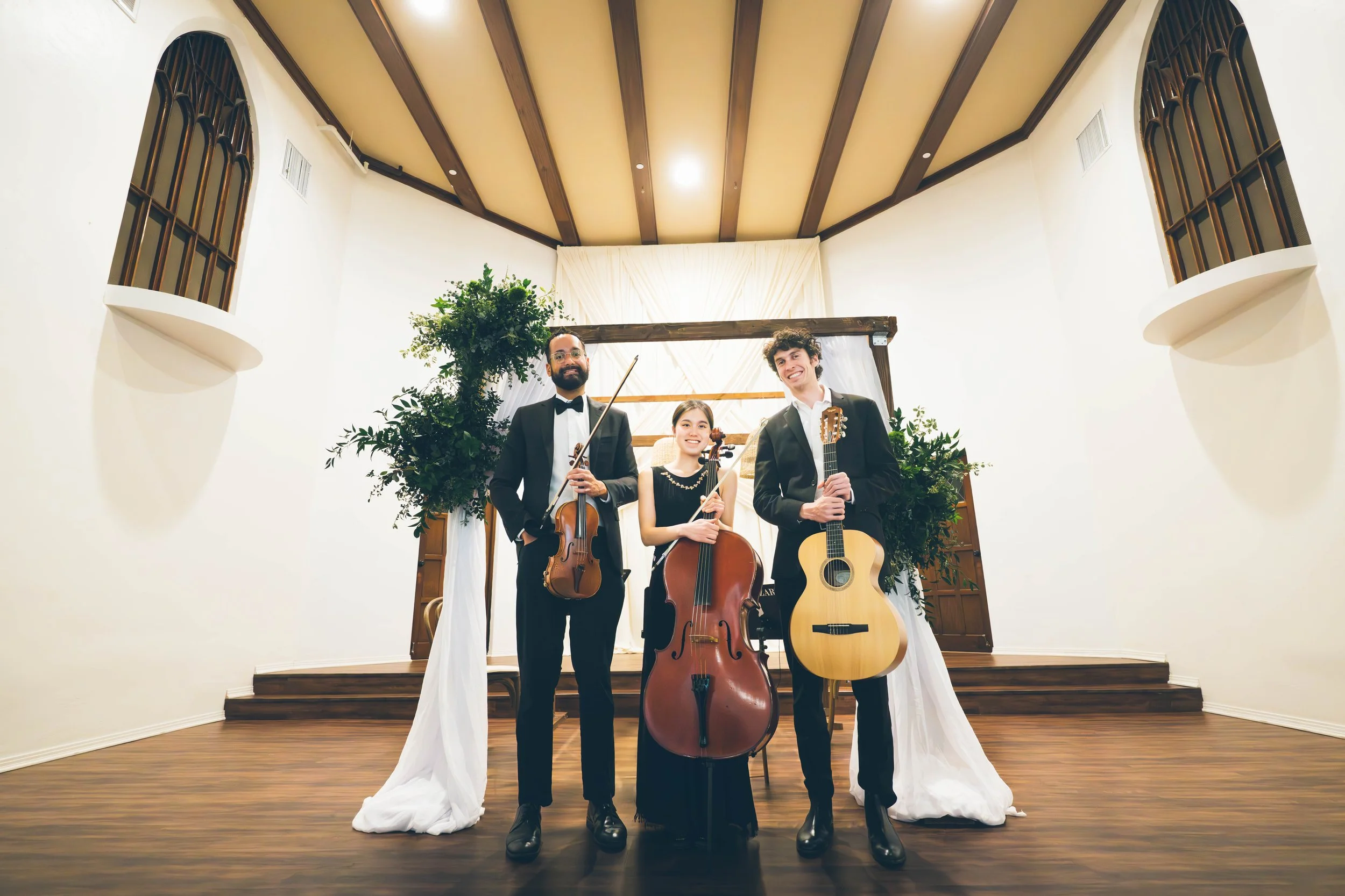 Pink Mozart guitar, violin and cello trio at The Sanctuary by Wedgewood Weddings in Long Beach