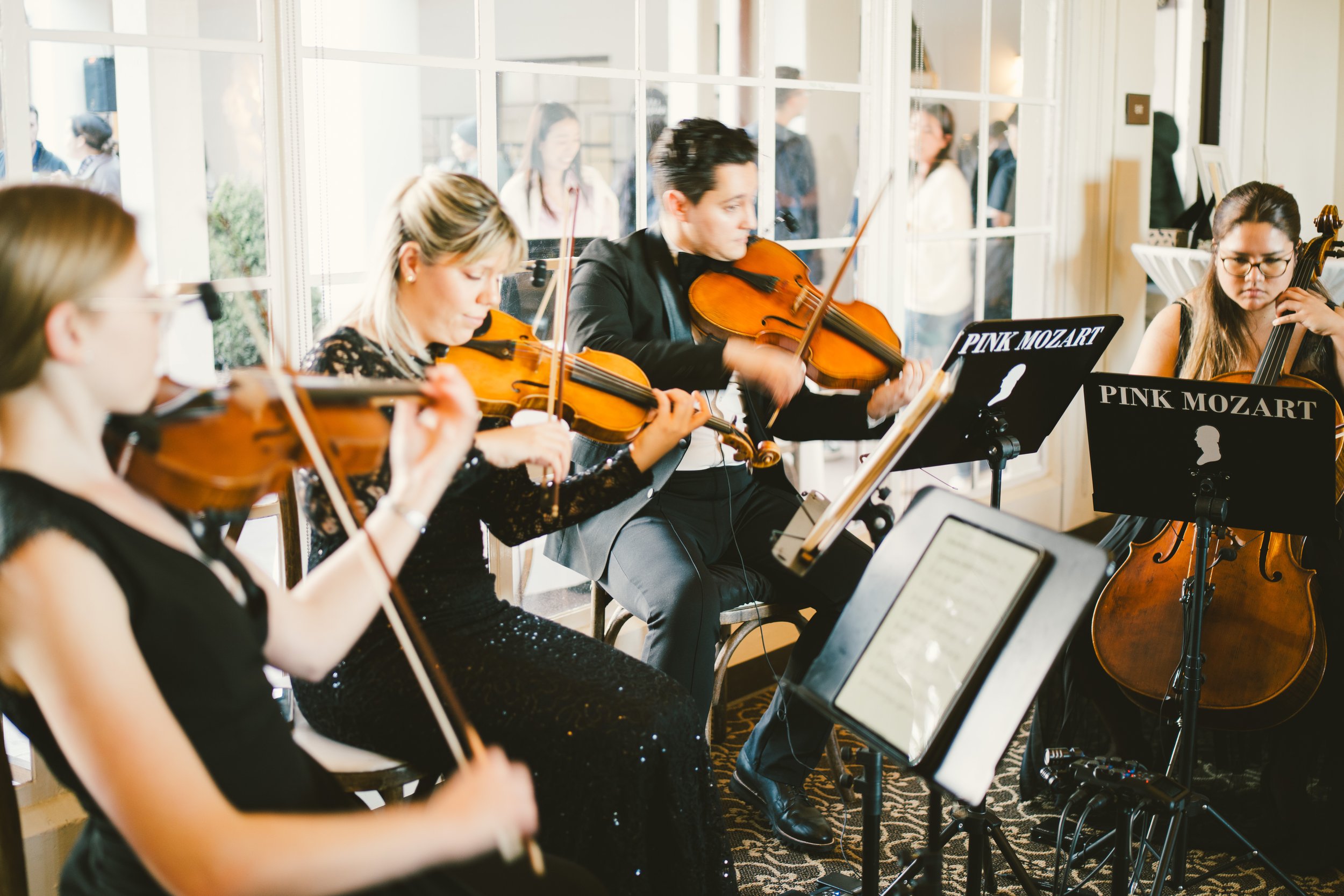 Pink Mozart string quartet performing at Golden Gate Club in the Presidio, San Francisco