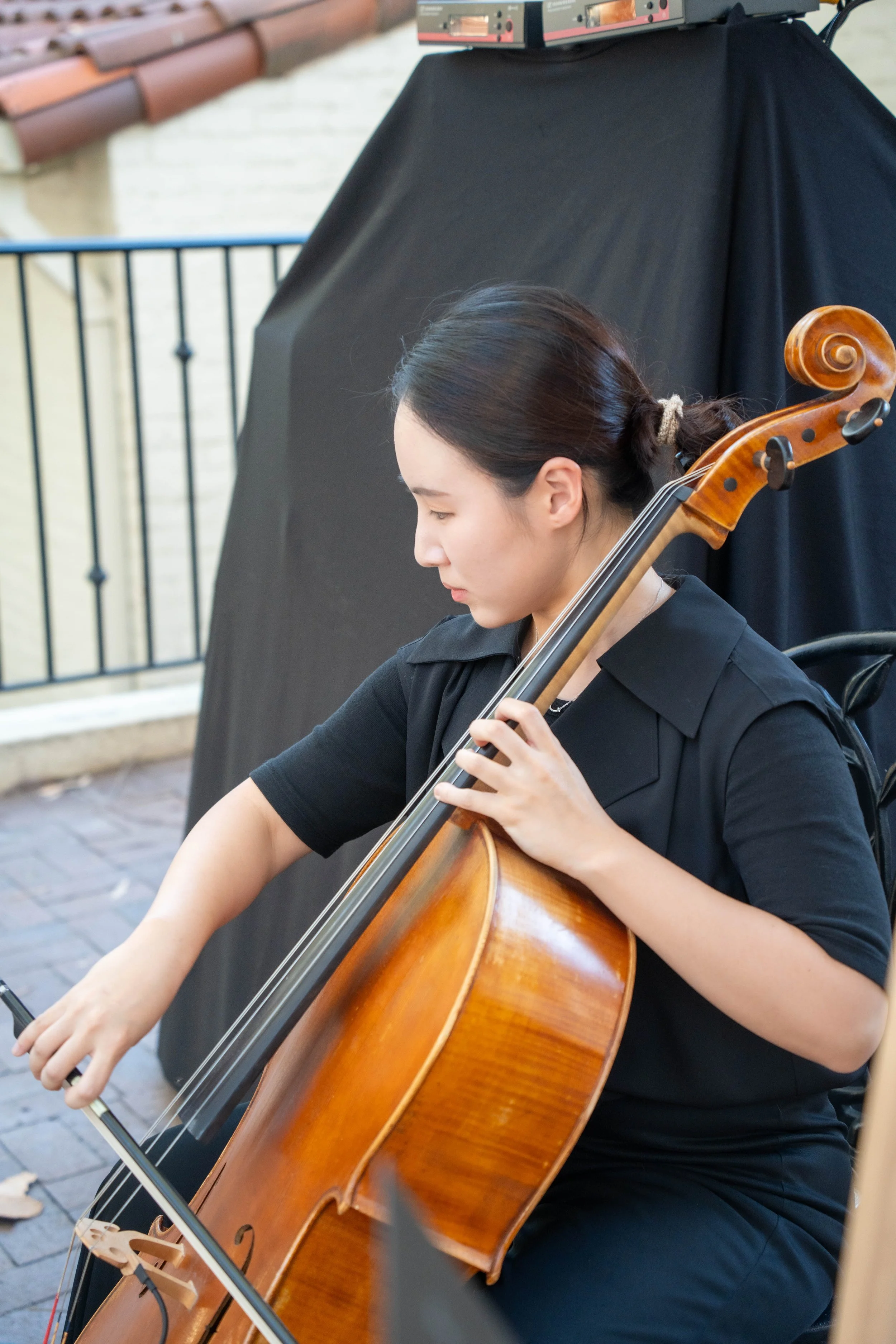 Pink Mozart cellist performing in a black dress