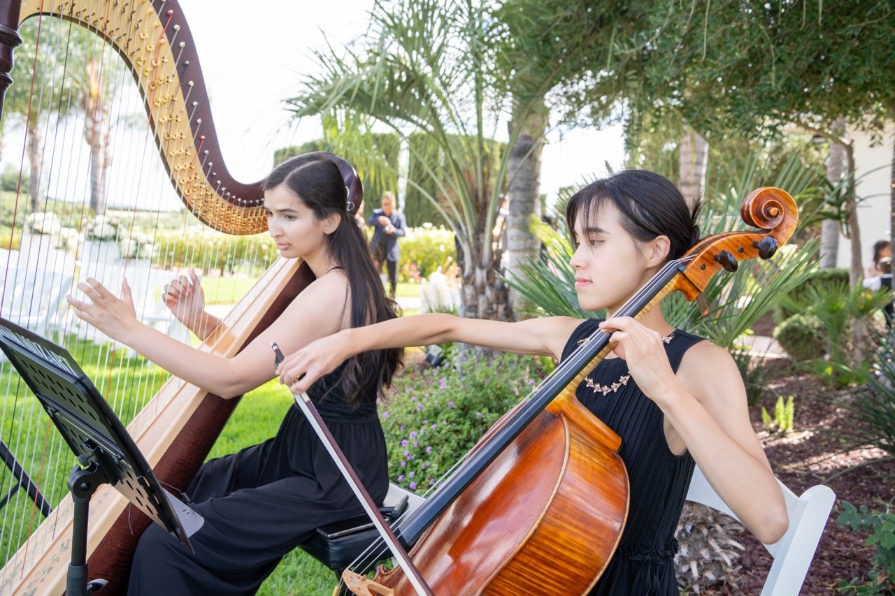 Pink Mozart harp and cello duo performing live wedding music at Villa de Amore in Temecula