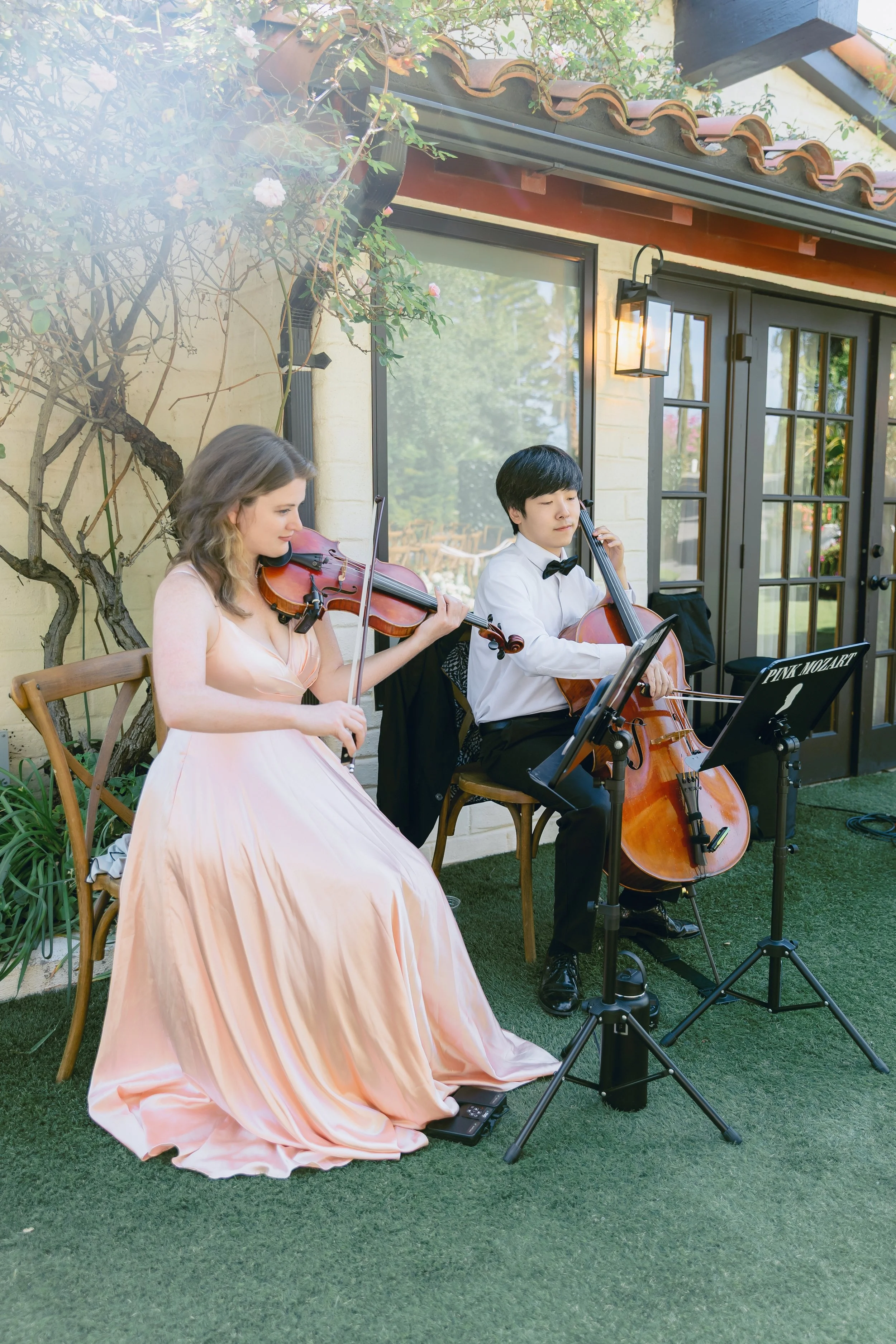 Pink Mozart violin and cello duo at Tivoli Italian Villa in Fallbrook, San Diego County