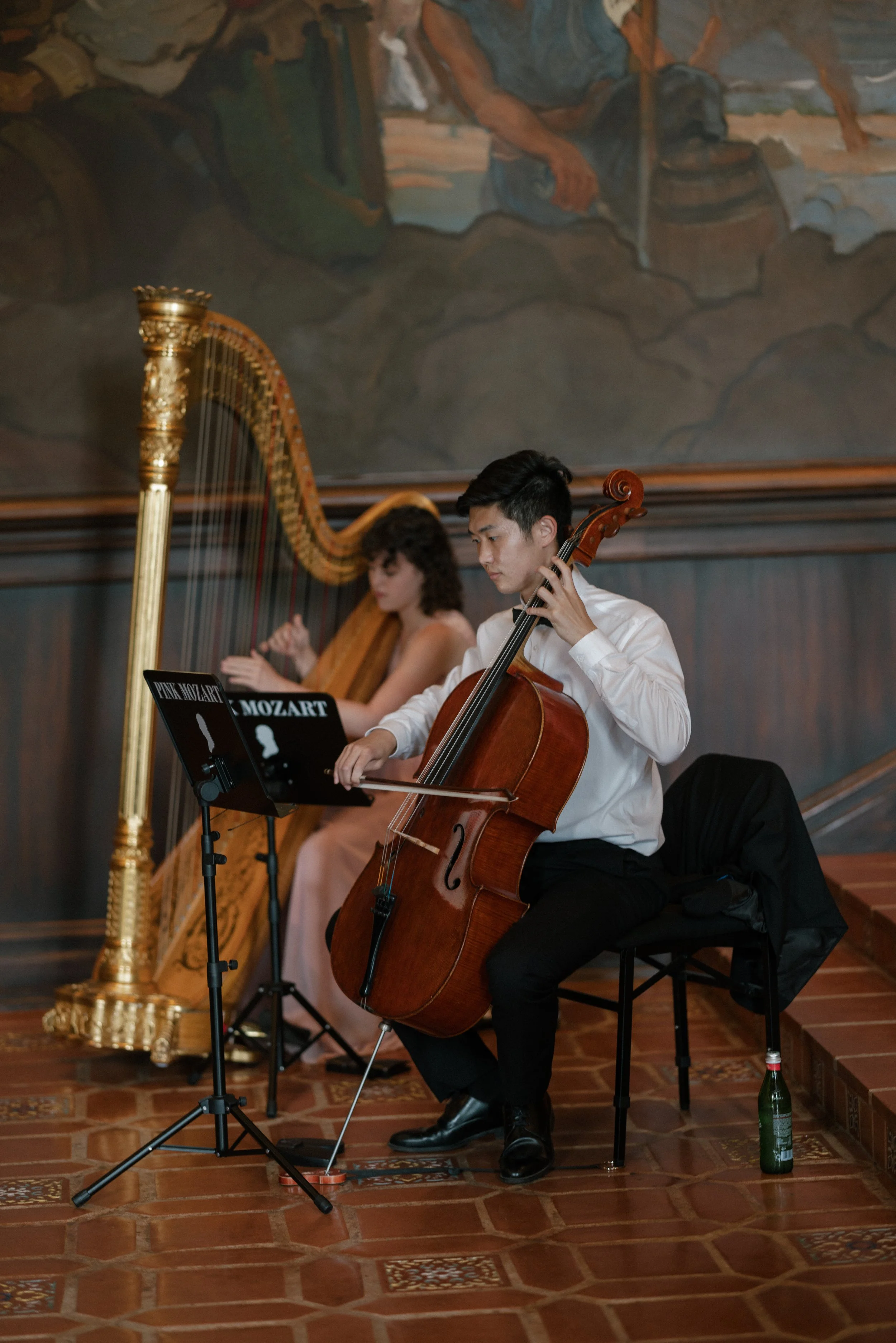 Pink Mozart violin and cello duo in the Mural Room at Santa Barbara County Courthouse