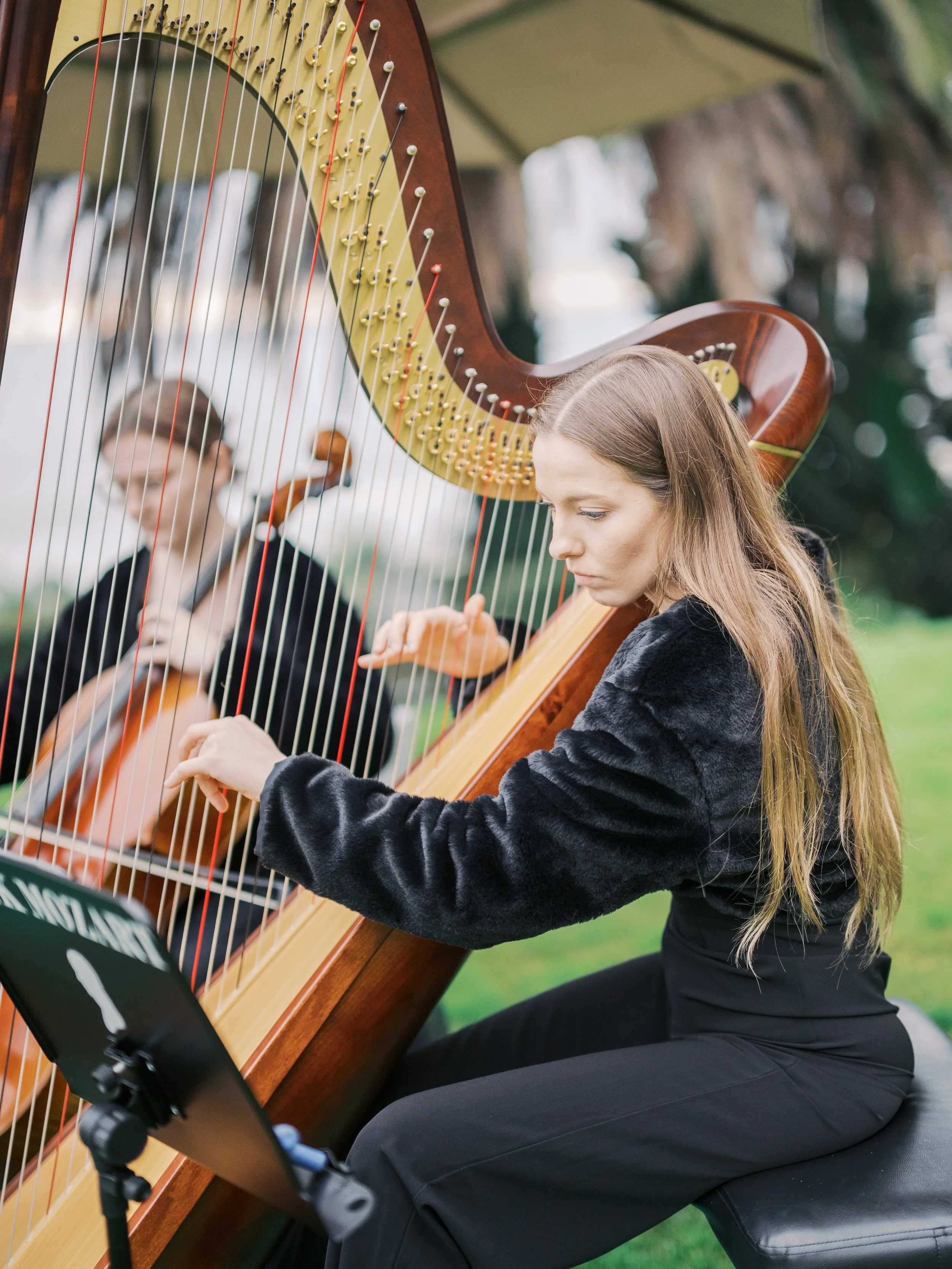 Pink Mozart harp and cello musicians at Bel-Air Bay Club in Pacific Palisades