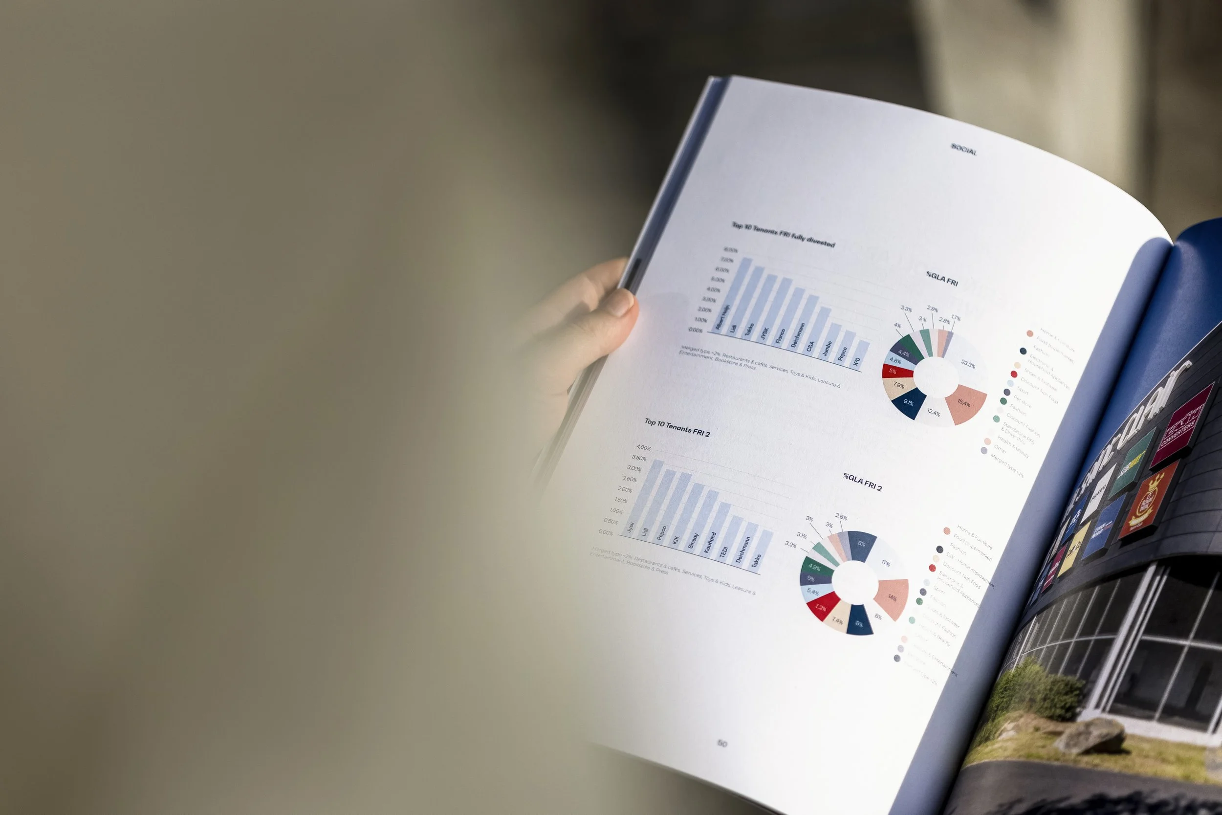 Person holding an open magazine or report showing bar graphs and pie charts with data and percentages.