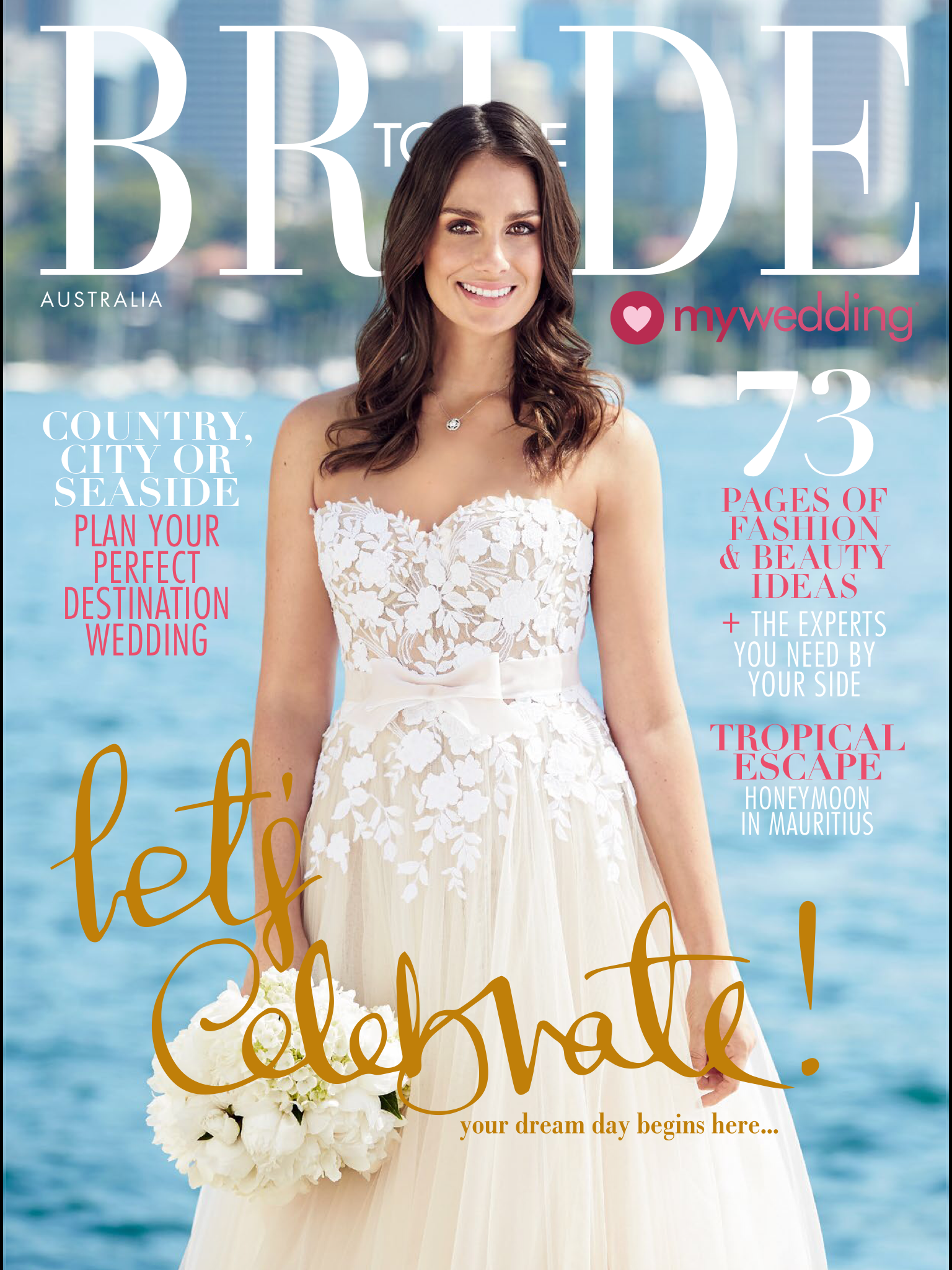Magazine cover featuring a woman in a white wedding dress holding a bouquet of white flowers, with a waterfront cityscape in the background and various text overlays related to wedding planning and fashion.