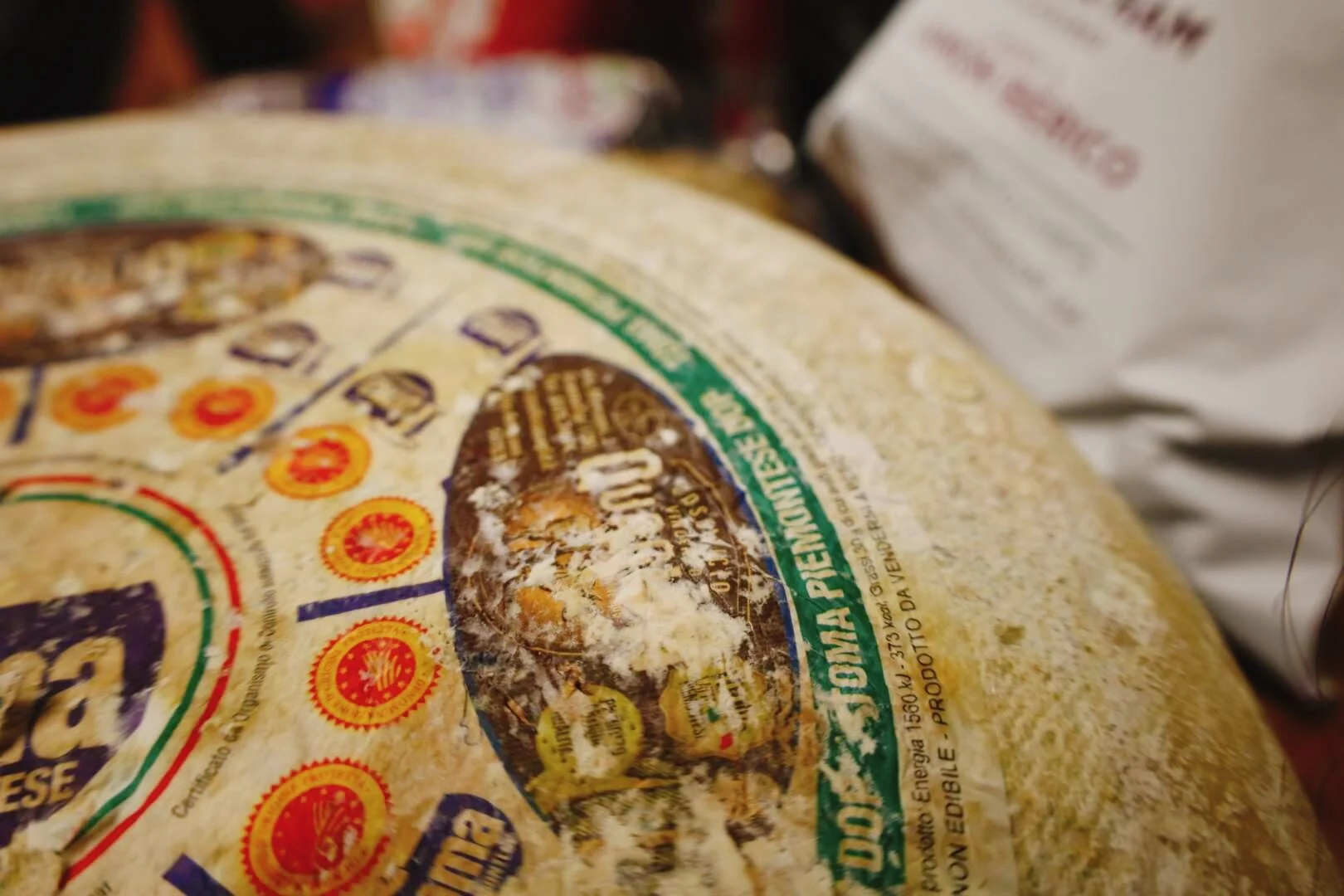 A close-up of a round block of Italian Parmesan cheese with colorful label details and some dusting of white powder on its surface.