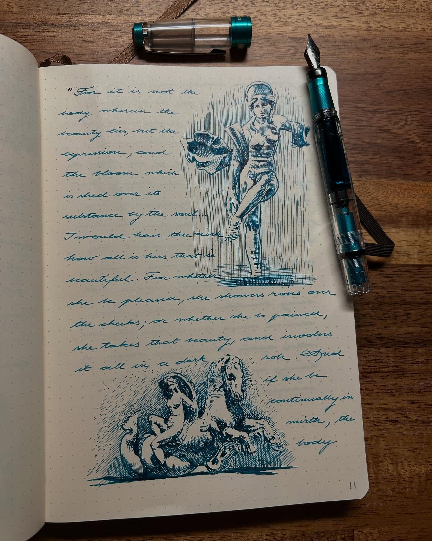 A journaling method inspired by the Renaissance masters, where I practice drawing and write down quotes. This is a valuable source of inspiration as I&rsquo;m trying to make associations between the word and the image, very useful in creating pieces 