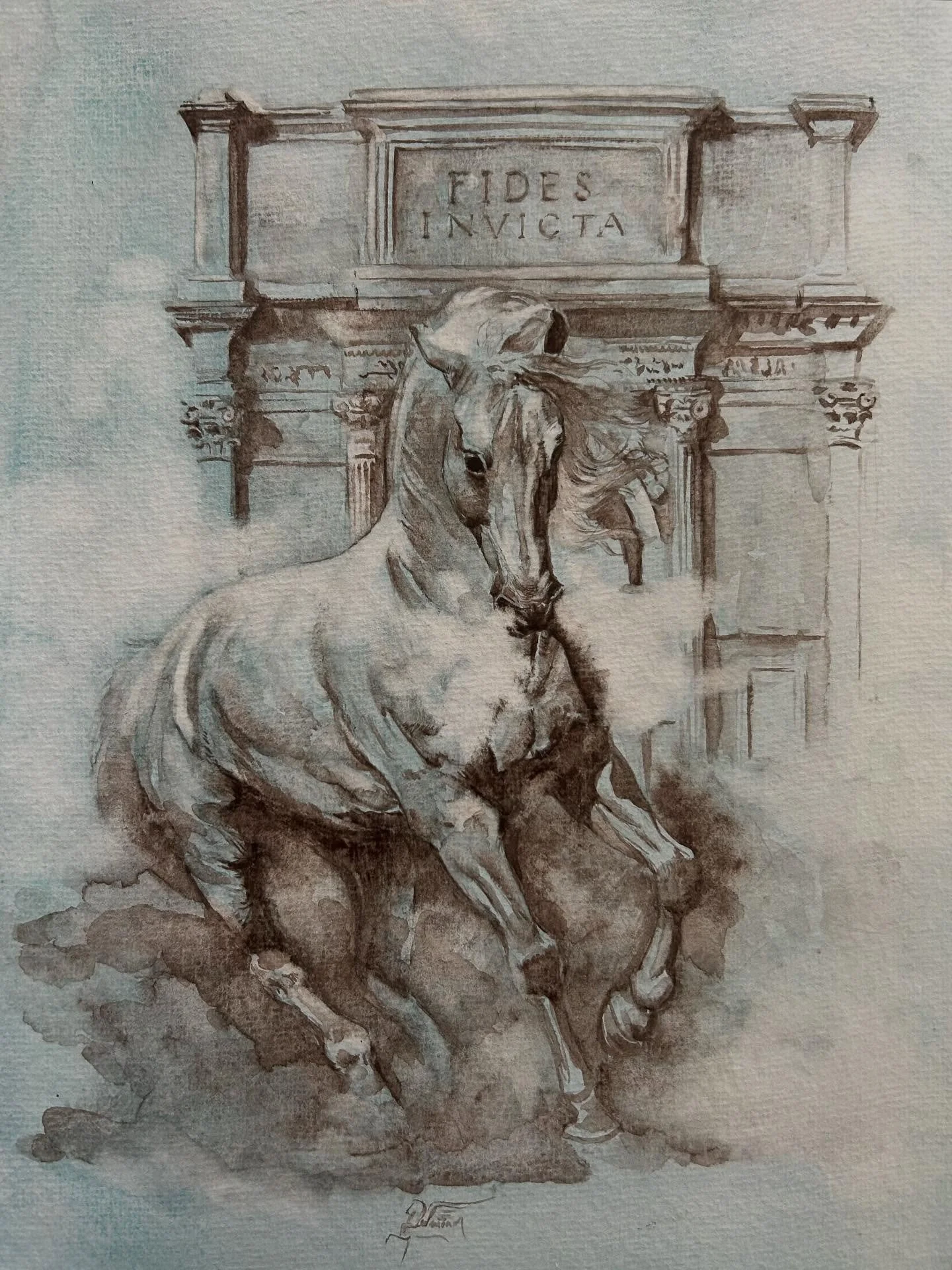 &lsquo;Fides invicta&rsquo;- watercolour painting on cotton rag paper. Only two colours were used here: a warm light blue and a purple grey.

#watercolour #watercolorpainting #horseart #horsepainting