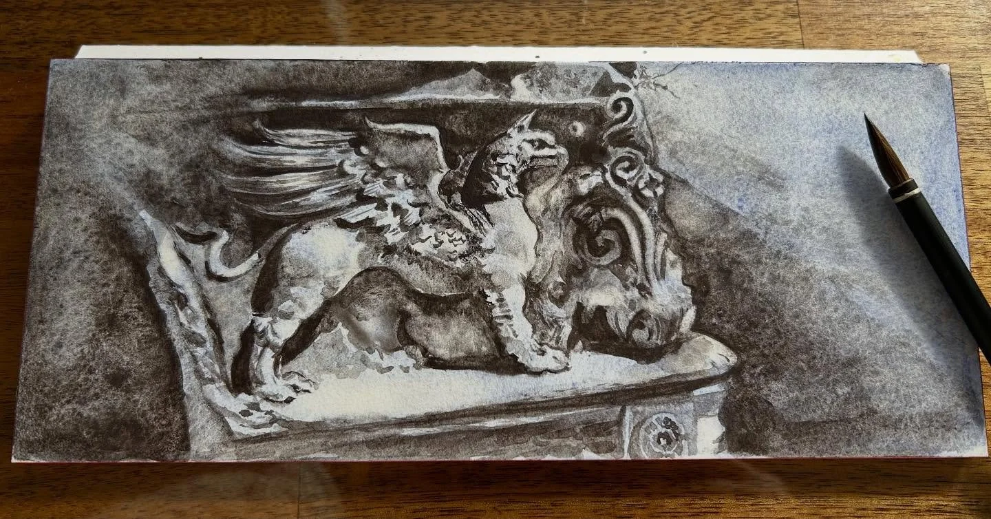 Watercolour study of a griffin bass relief on hot pressed cotton paper 

#watercolour #watercolorsketch #watercolor
