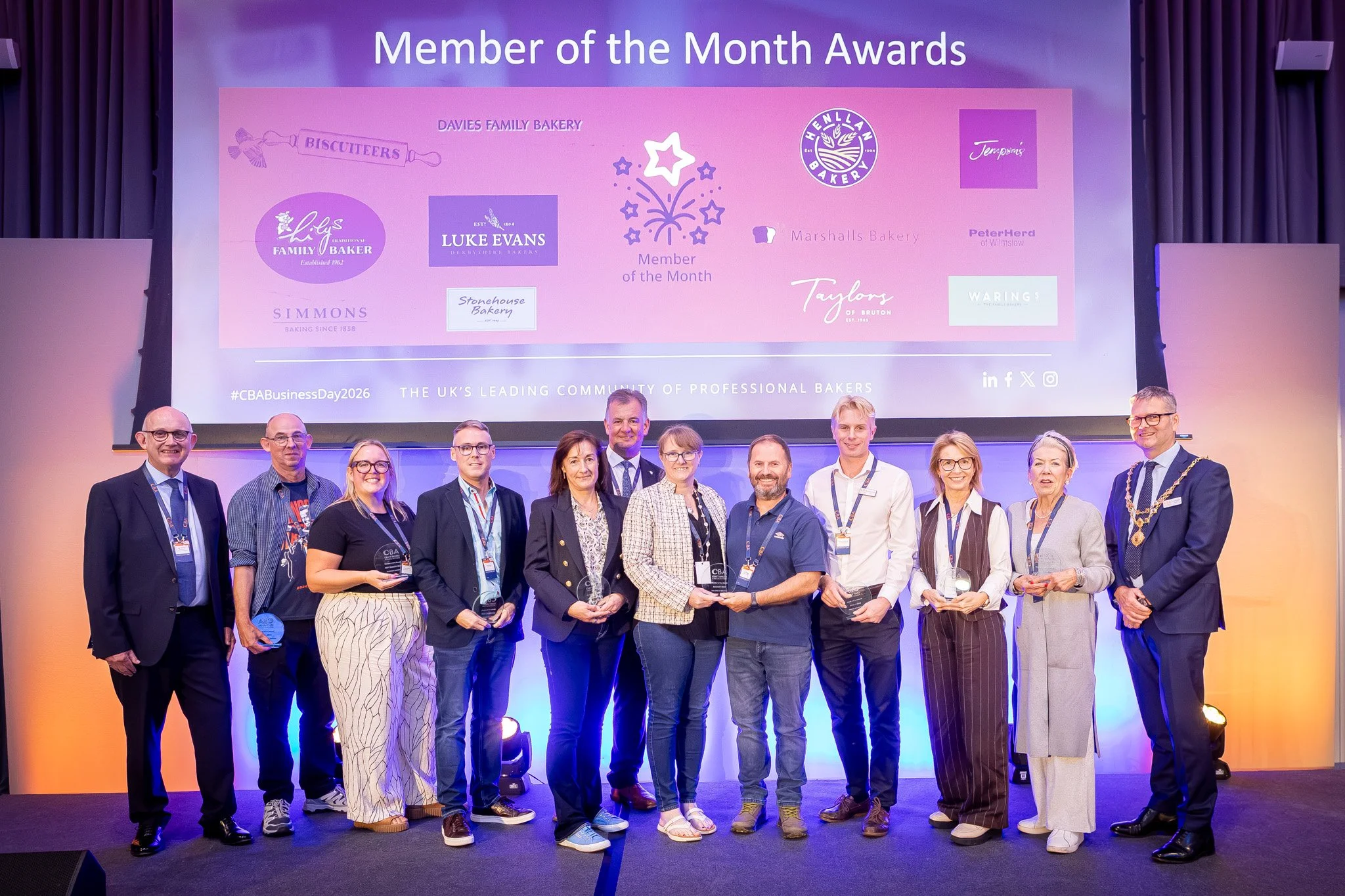 Member of the Month awards presented by Ivor McKane, Past National President, and Duncan Hindley, National President, Warings Bakery, Biscuiteers, Luke Evans Bakery, Hellen’s Bakery, Simmons, Davies Bakery, Stonehouse Bakery, Marshalls Bakery Ltd, Je