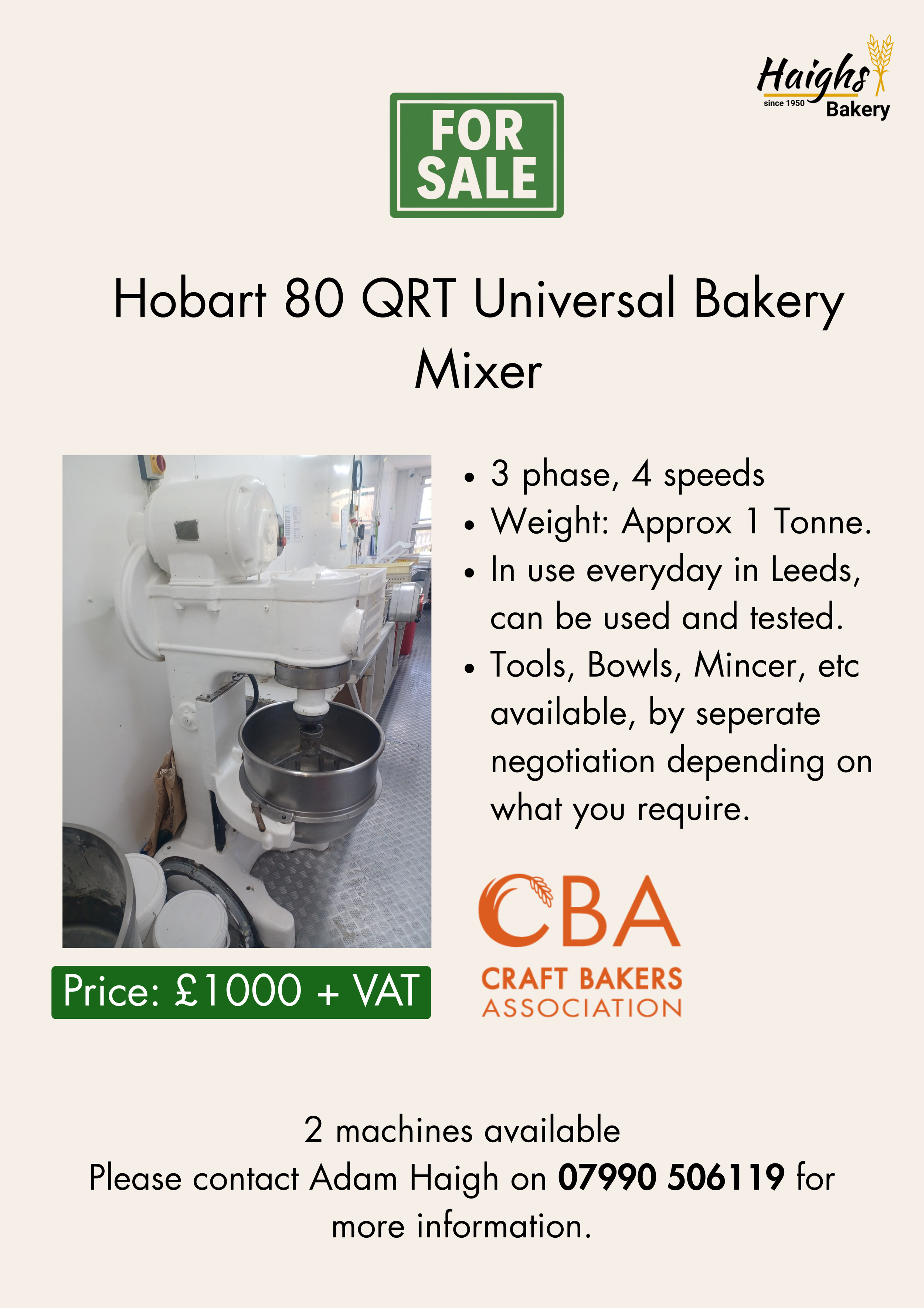 2 x Hobart 80 QRT Universal Bakery Mixers For Sale