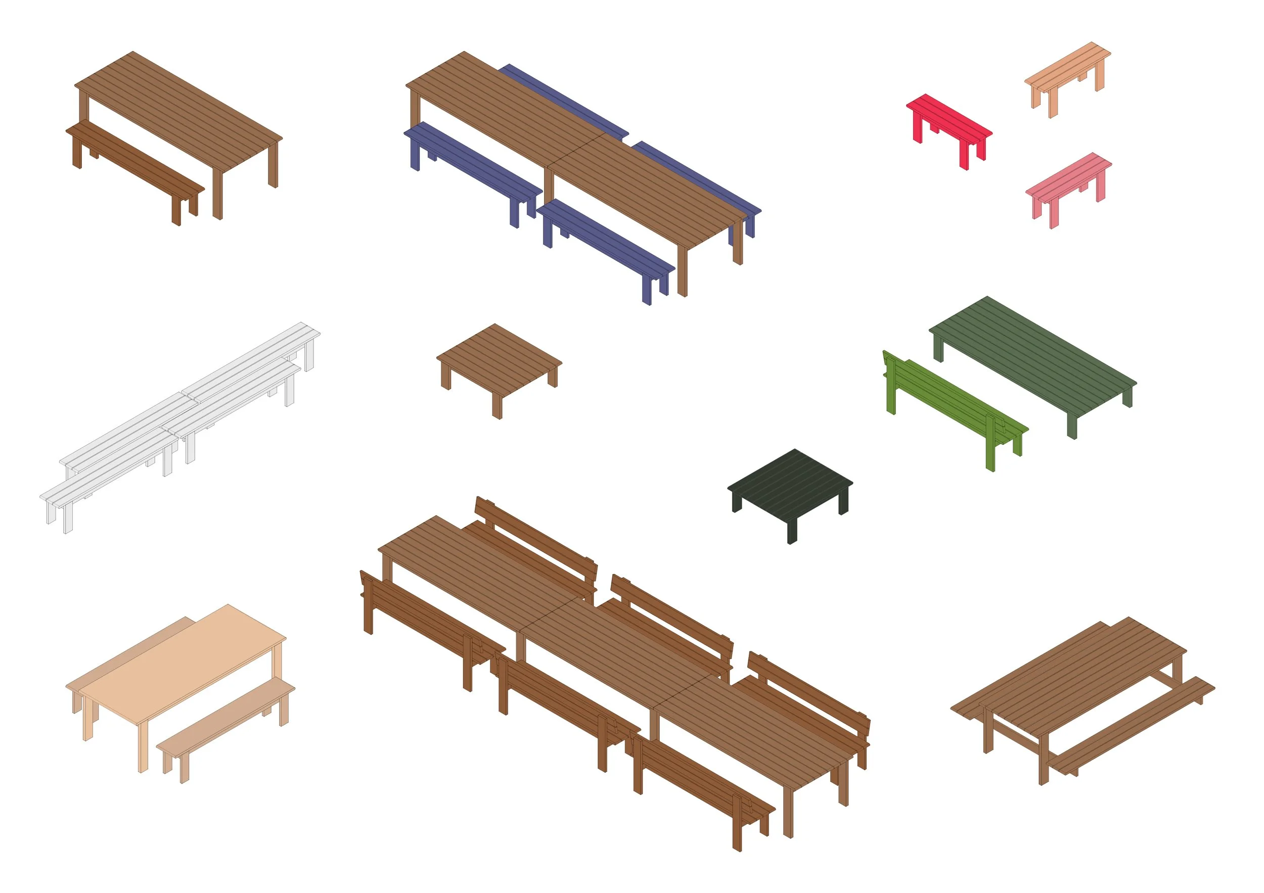 Multiple colorful wooden tables and benches displayed in an isometric view.