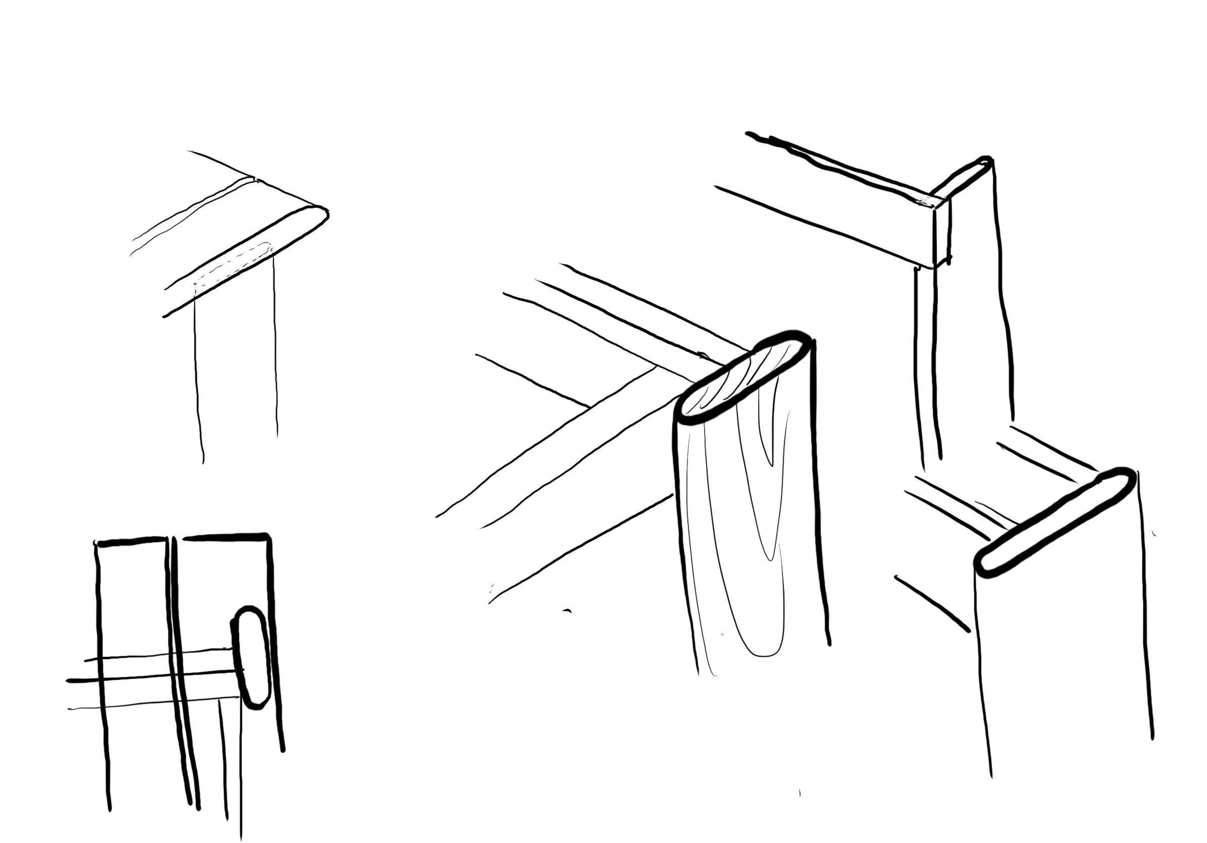Black and white line drawing of a kitchen with cabinets, a sink, and part of a countertop.