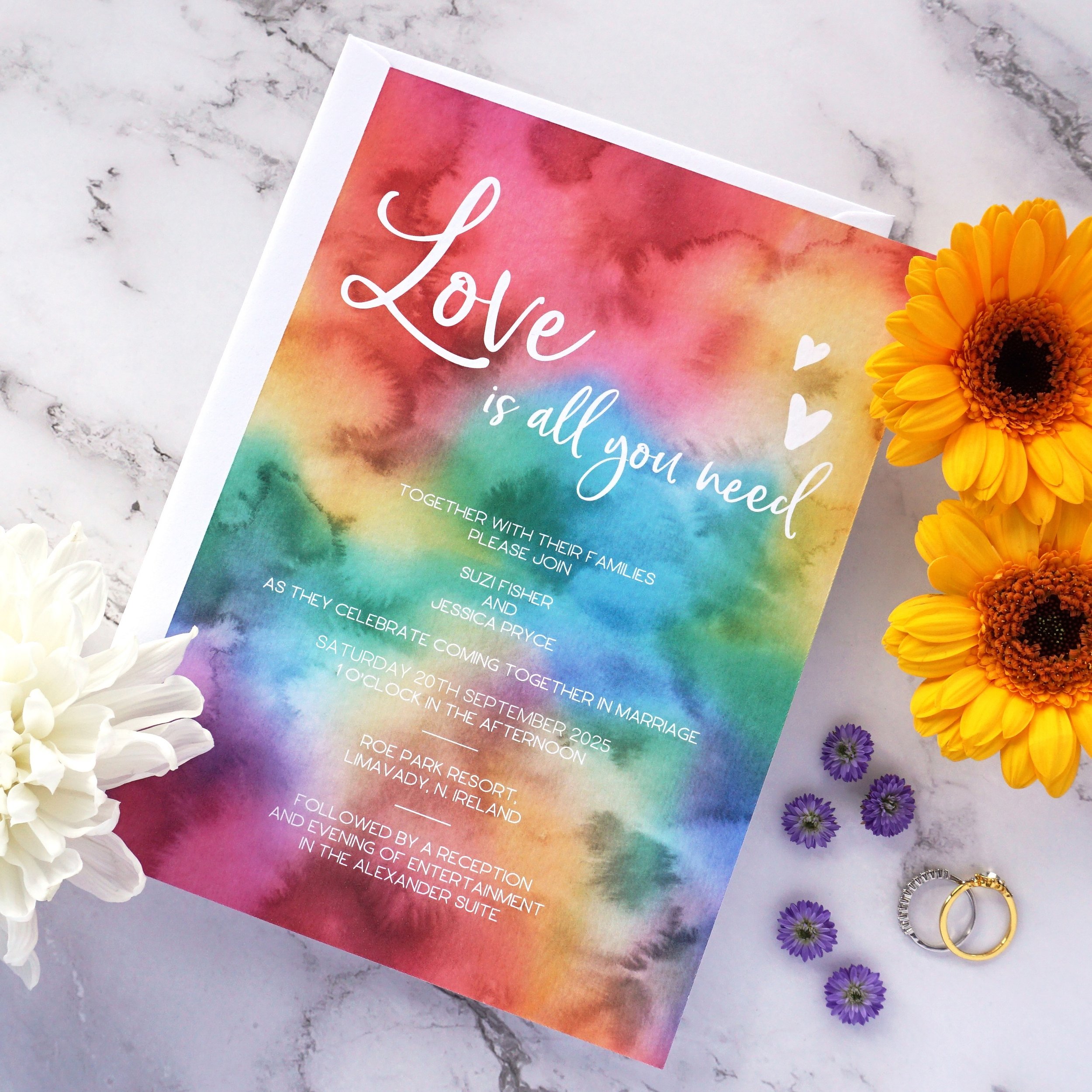 SUZI - Love is all you need and all you need is love! Fall head over heels in love with this beautiful rainbow watercolour suite, shown here with a luxury dove white envelope
.
.
.
#Weddingstationerysample #samplestationery #weddingstationery #gettin