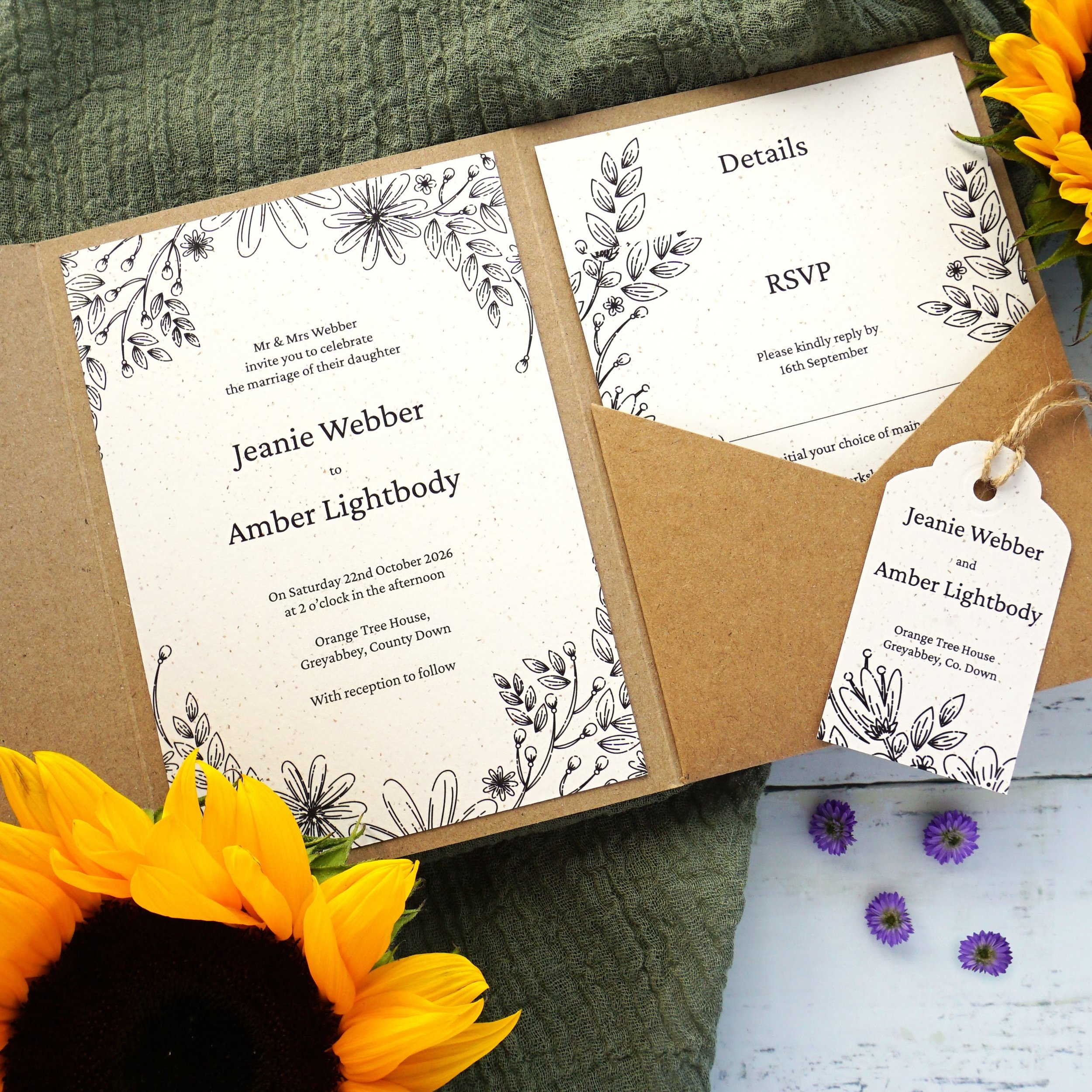 JEANIE - Fall in love with this rustic pocketfold invite. Complete with an invitation, details card and RSVP postcard - the Jeanie suite offers the whole package, even down to the personalised swing tag used to close it
.
.
.
#weddingstationerysample