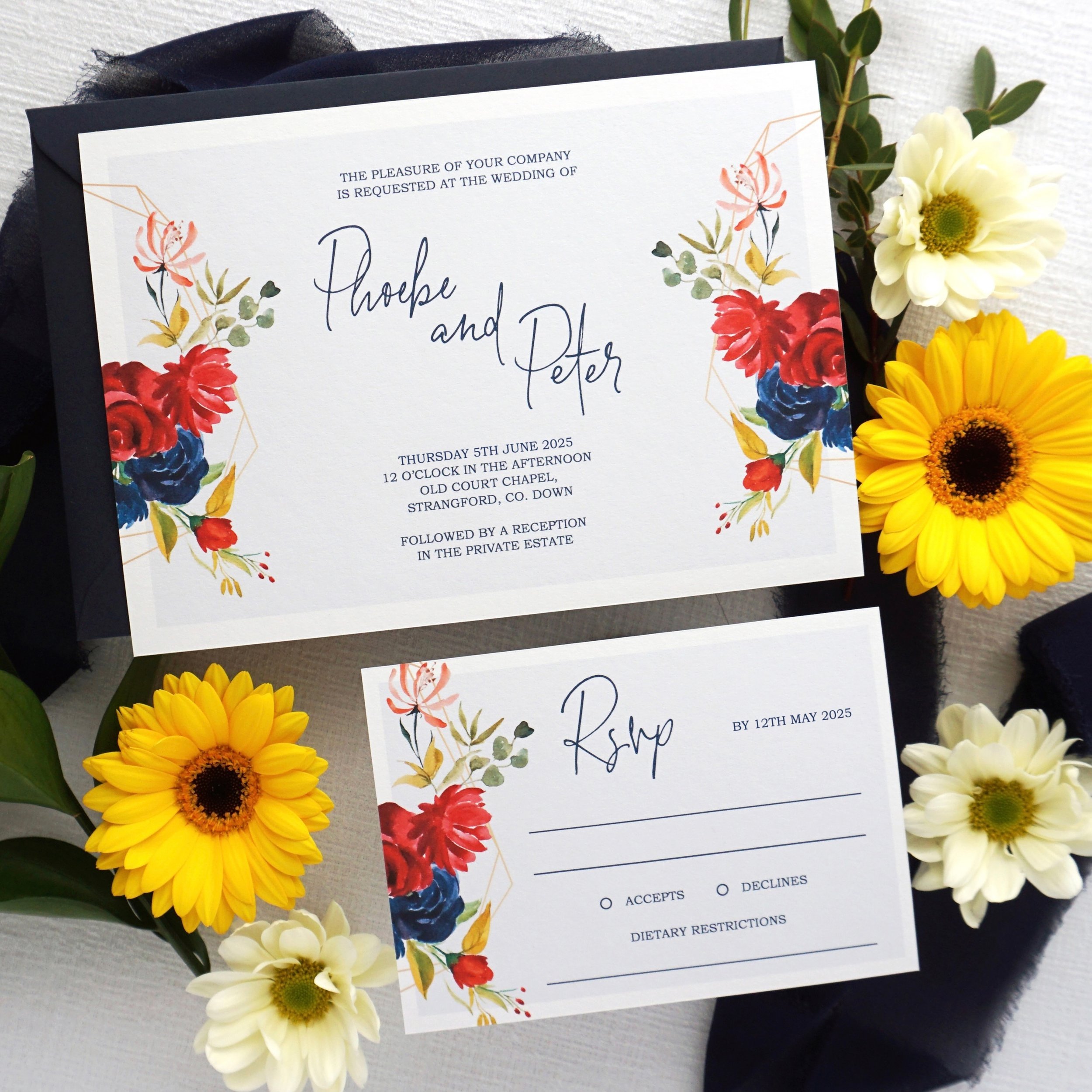 PHOEBE - Fall head over heels for this colourful invitation. With eye-catching  florals and playful fonts, this suite is perfect for late summer or early autumn weddings 
.
.
.
#weddingstationerysample #samplestationery #weddingstationery #gettingmar
