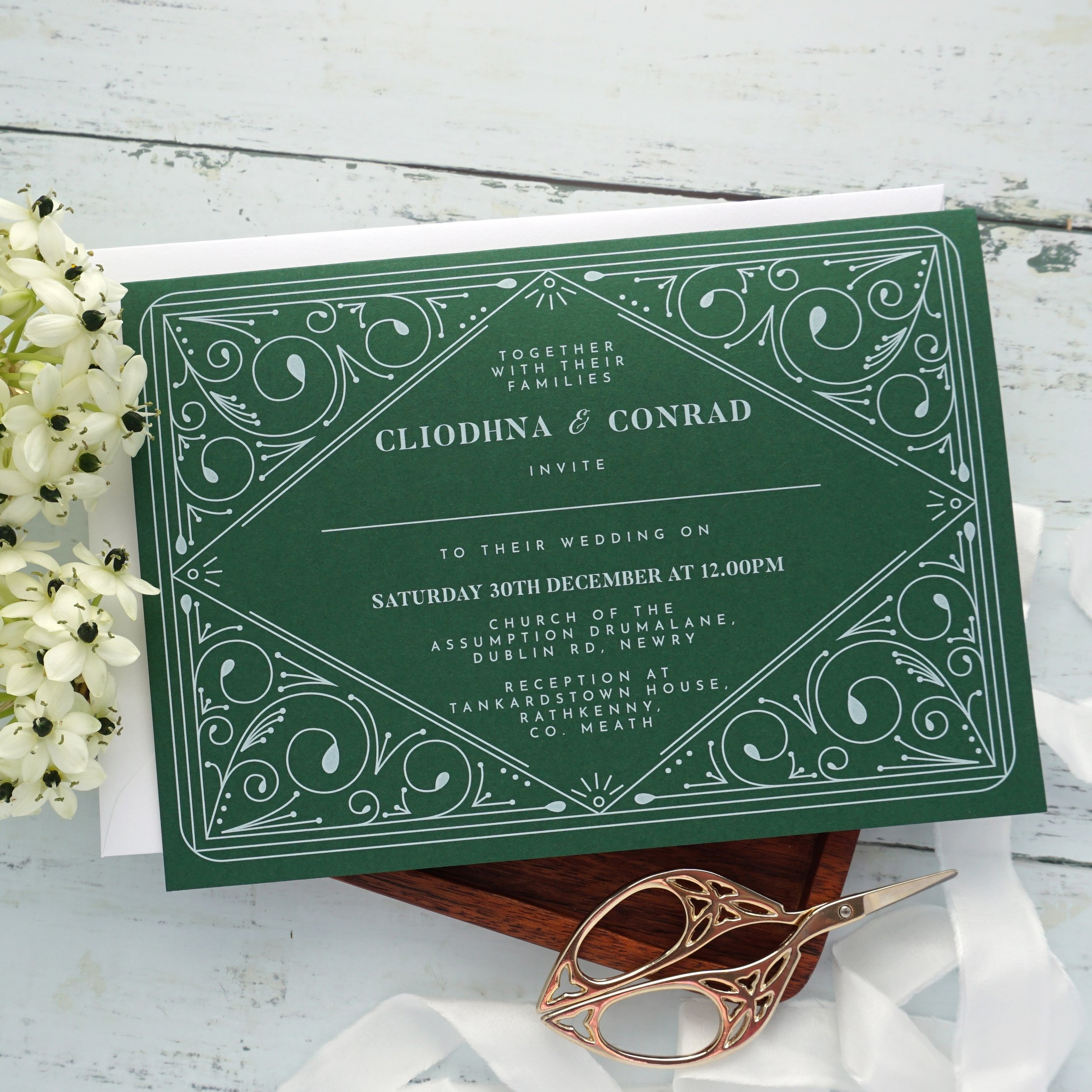 C&amp;C - This couple chose to reimagine our Frances suite into a folding card and printed onto gorgeous forest green cardstock. White ink printing is such a beautiful finish, especially on rich coloured card like this!
.
.
.
#realweddings #realweddi