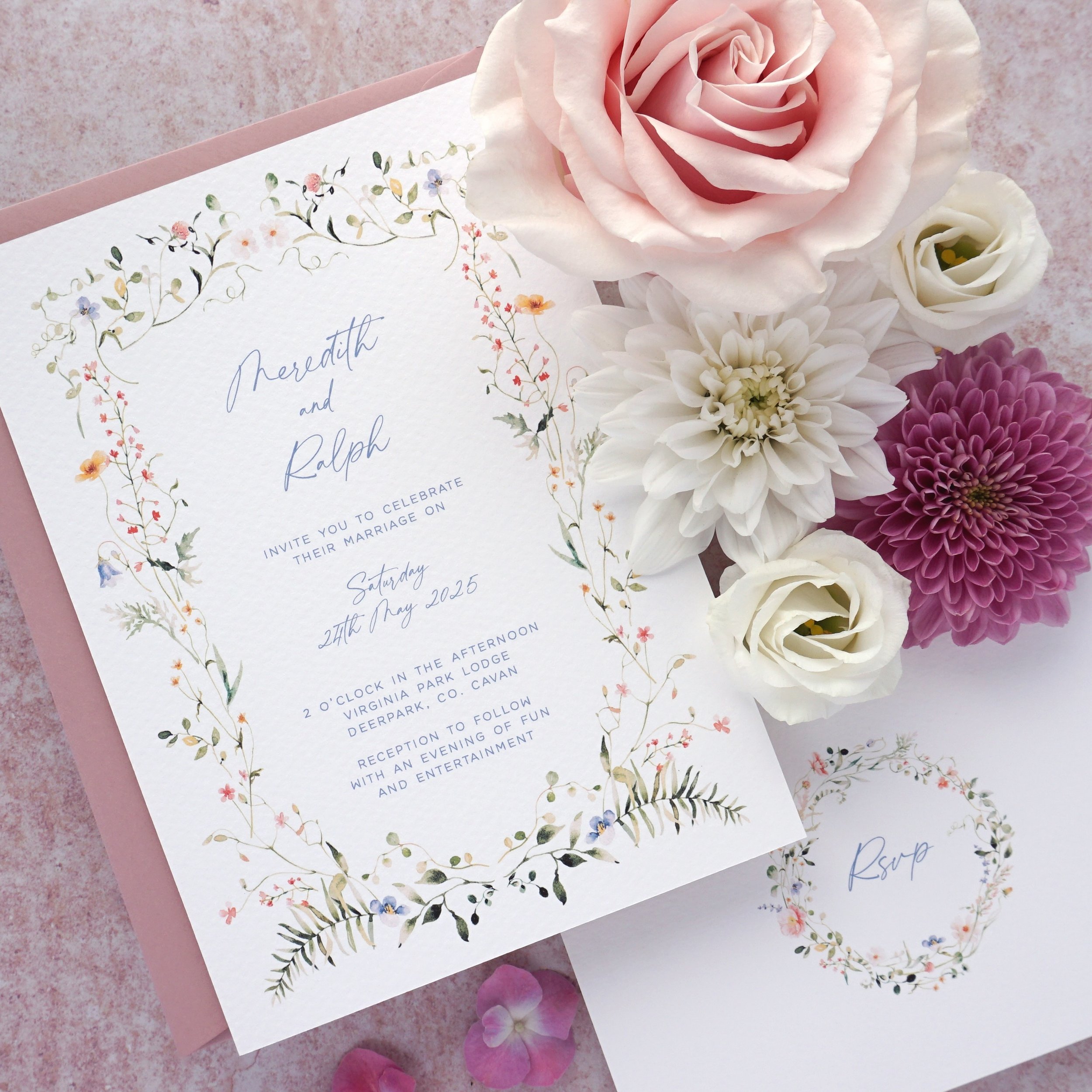MEREDITH - Elegant, delicate and soft is how we would describe the Meredith suite. Printed on the finest Italian cardstock and paired with a luxury dusty rose envelope, this invitation is sure to stun your guests and set the tone for your wedding day