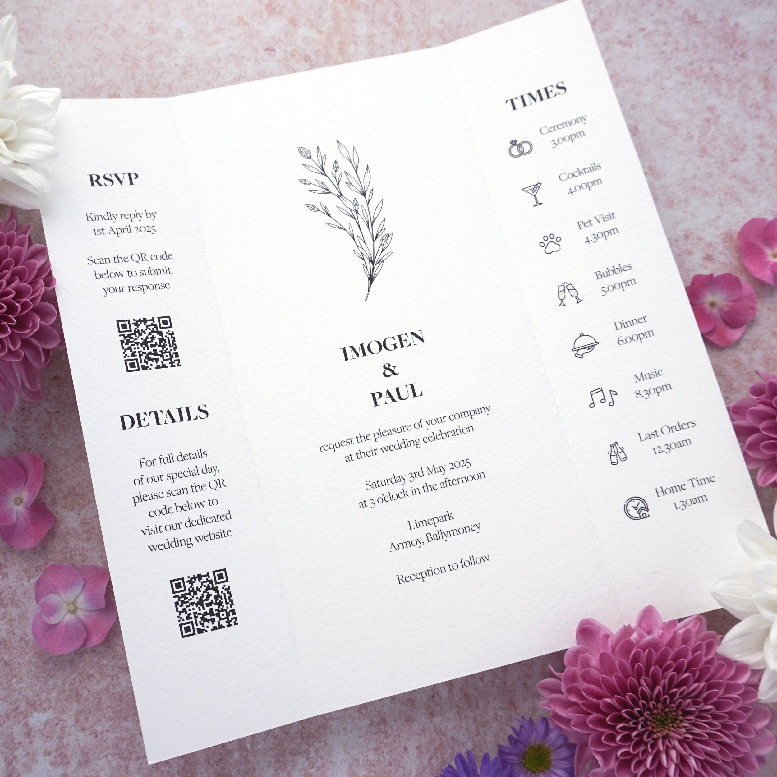 IMOGEN - Want all of your wedding information on one card? Look no further than the Imogen suite. This simplistic gate fold card lets you include all of the important details for your big day without sacrificing on style. The best part... choose how 