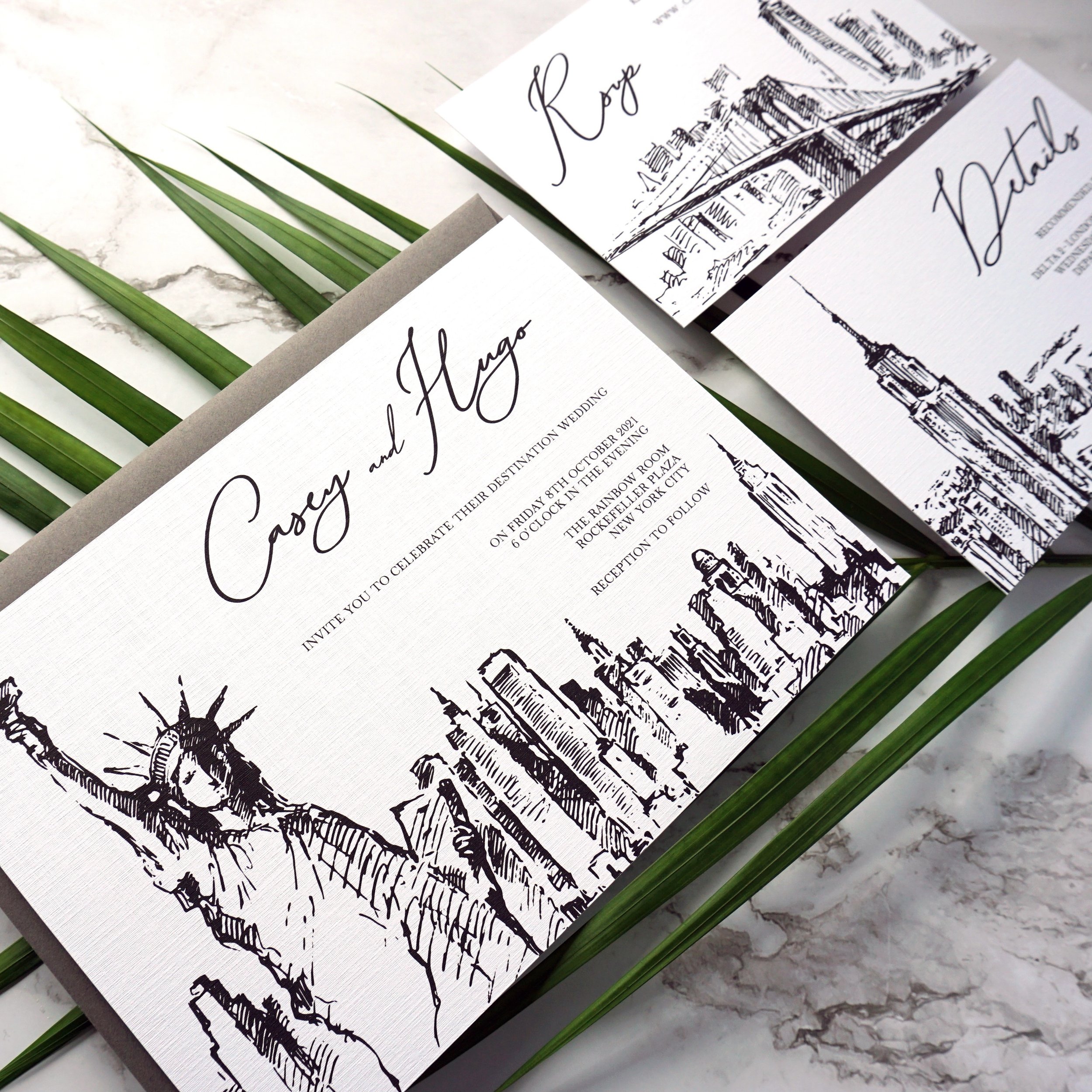 CASEY - Start spreading the news, it&rsquo;s destination wedding time! Imagine having the wonderful New York City as your backdrop and complete your invitations with landmark illustrations from the city that never sleeps (other locations available, j