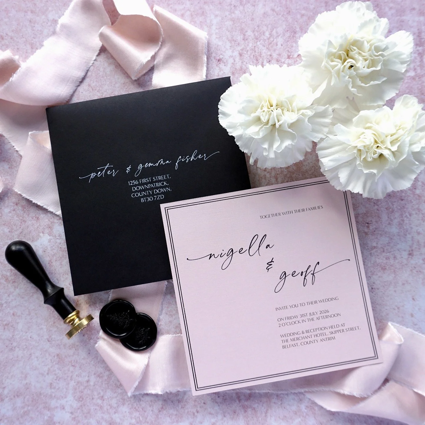 NIGELLA - Simplistic yet stylish is the Nigella suite, featuring a luxury blush pink invitation and partnered with a premium matte black envelope addressed in white ink. Not keen on the pink, you’re in luck, this suite can also be done on white
