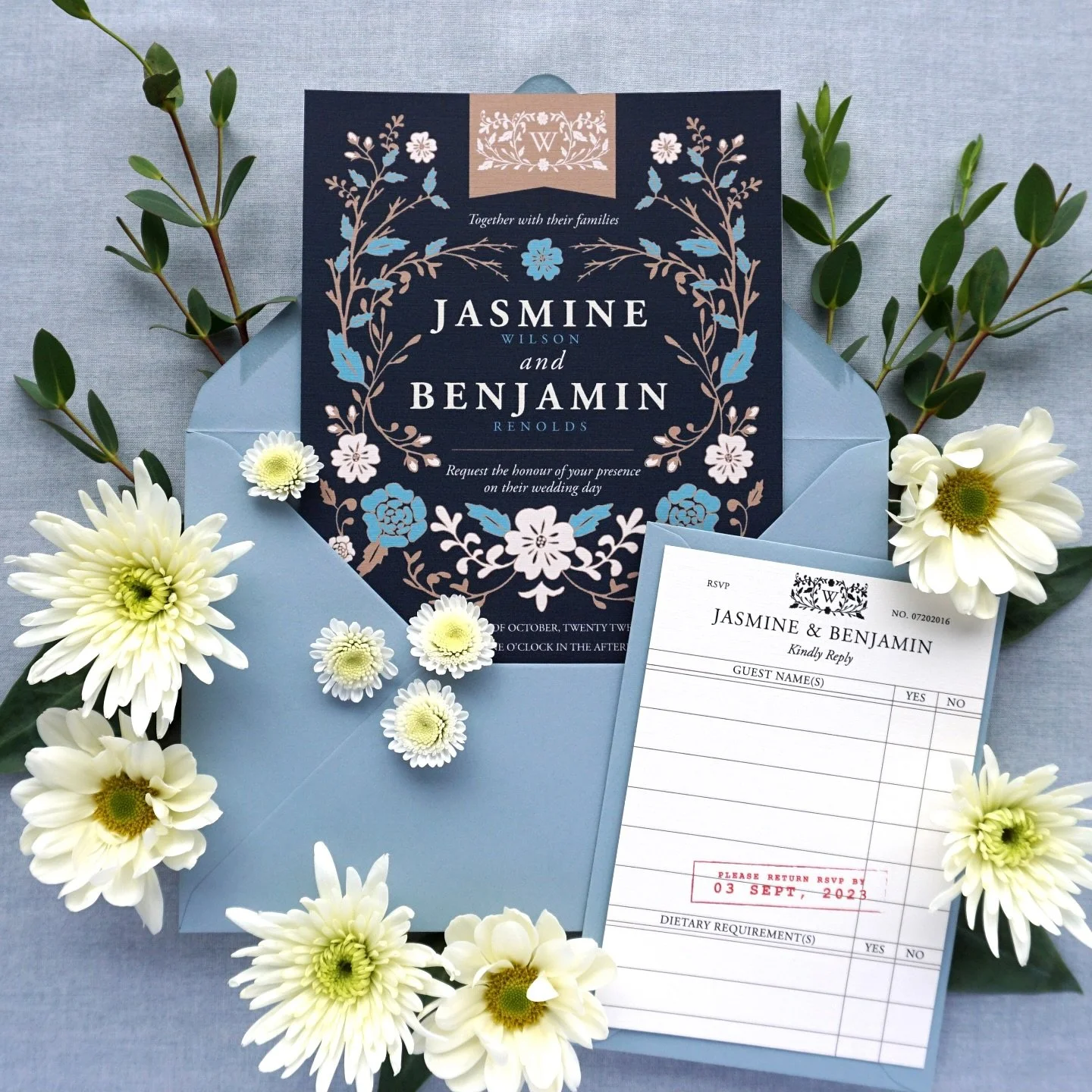JASMINE - They say you should never judge a book by its cover, let’s be honest as a lot of us do, an eye catching design can go a long way. You will certainly want to read this, a library themed invitation suite complete with an RSVP stamp card