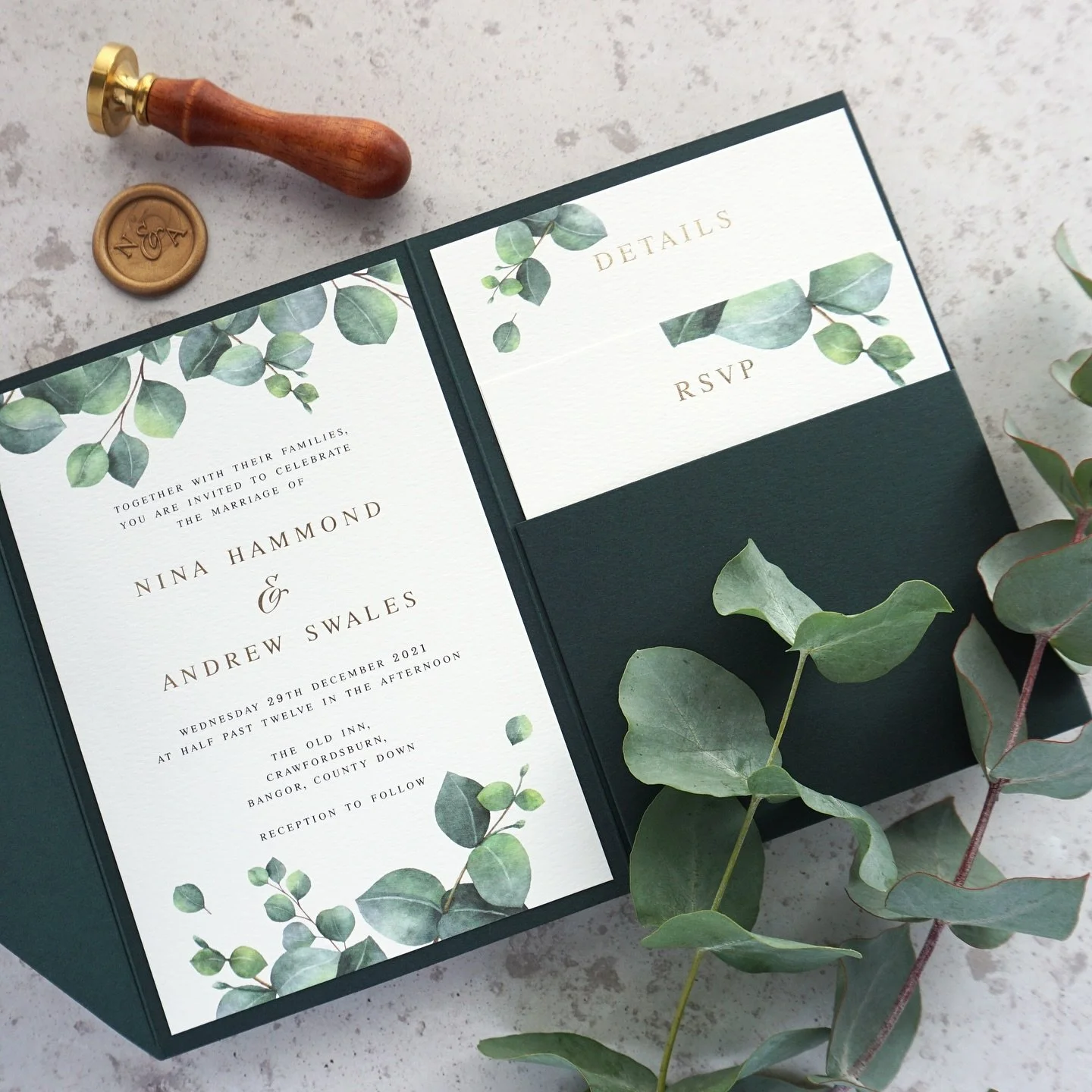 NINA - With three beautiful cards, each featuring luxury gold foil and housed in a Hunter green pocketfold; the Nina suite is a popular choice with couples all year round. This rich green pocketfold can be sealed with handmade wax seals, which can ev