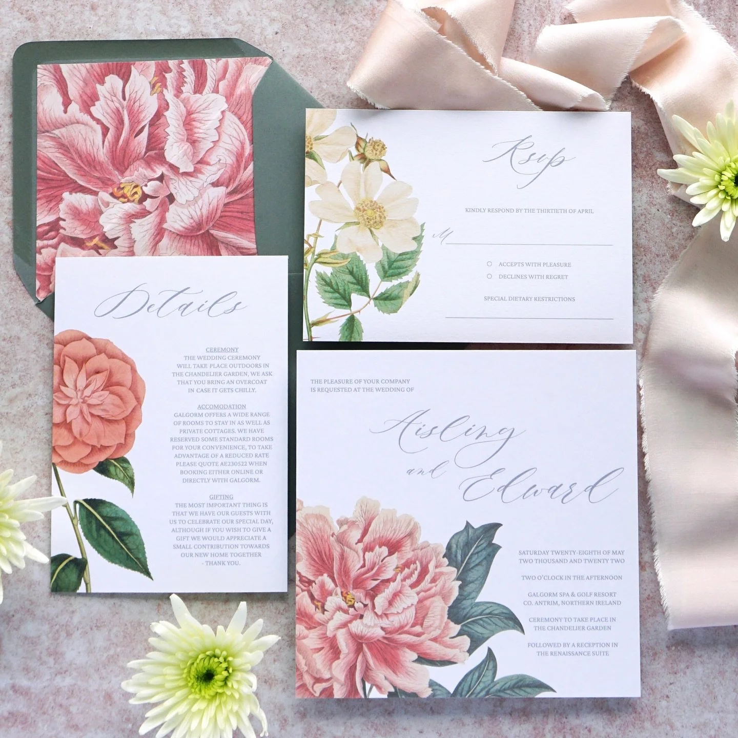 AISLING - We were thrilled to have our Aisling suite featured in British Vogue magazine. This beautiful double sided invitation is giving sunny garden, peony vibes, with delicate floral illustrations and soft typography, the suite offers a hint of su