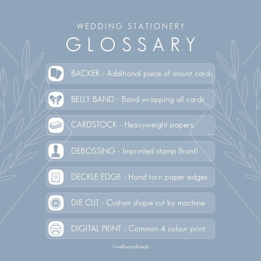 GLOSSARY - When it comes to stationery, there are a lot of different terms to describe processes and finishes. We&rsquo;ve put together a glossary of common terms to aid you in your stationery discussions
.
.
.
#weddingstationery #weddinginvitations 