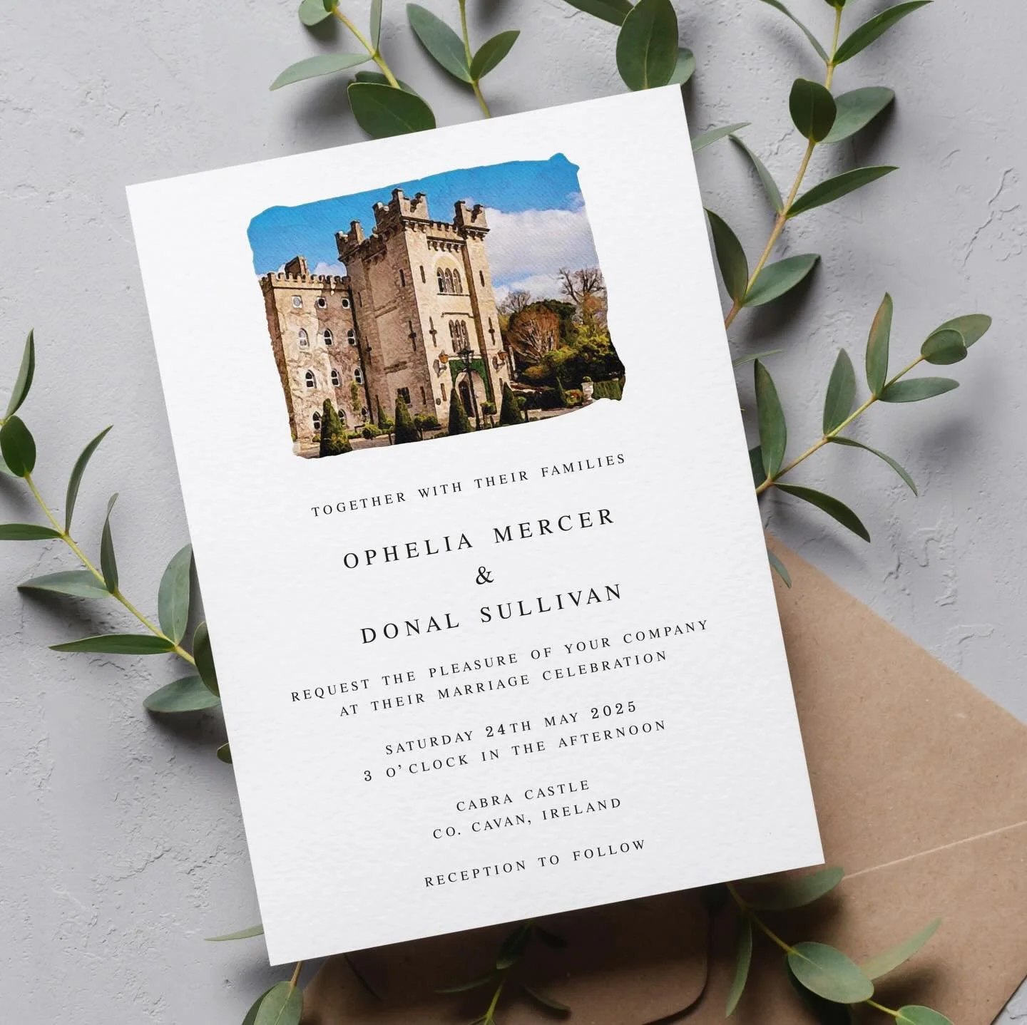 OPHELIA - Looking to feature your wedding venue on your invitations? Then look no further than the Ophelia suite. Personalised with your chosen venue, we create delicate watercolour illustrations to showcase the location. Paired with timeless typogra