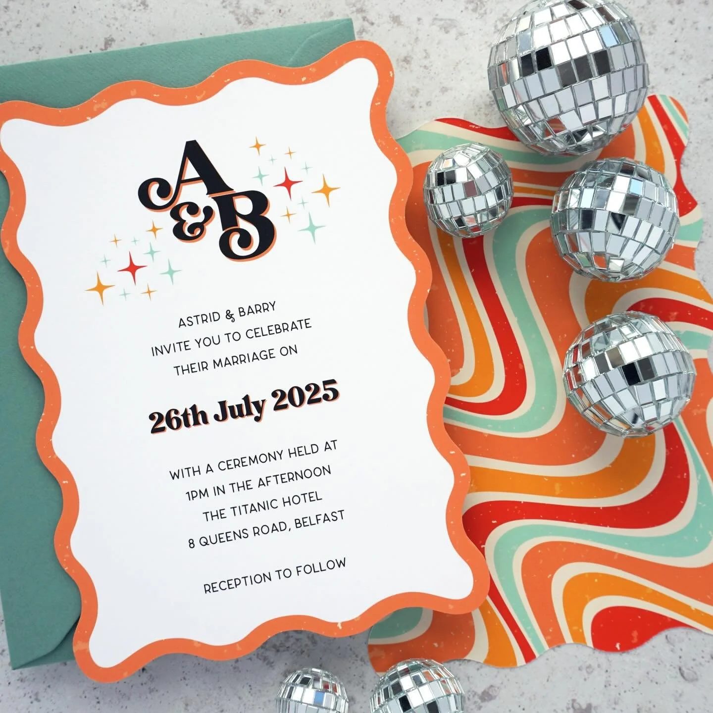 ASTRID - With custom cut waved cardstock and a 70&rsquo;s inspired colour palette, the Astrid suite is pretty groovy (see what we did there). Pair it with one of our luxury coloured envelopes and embrace the retro vibes by keeping things vibrant
.
.
