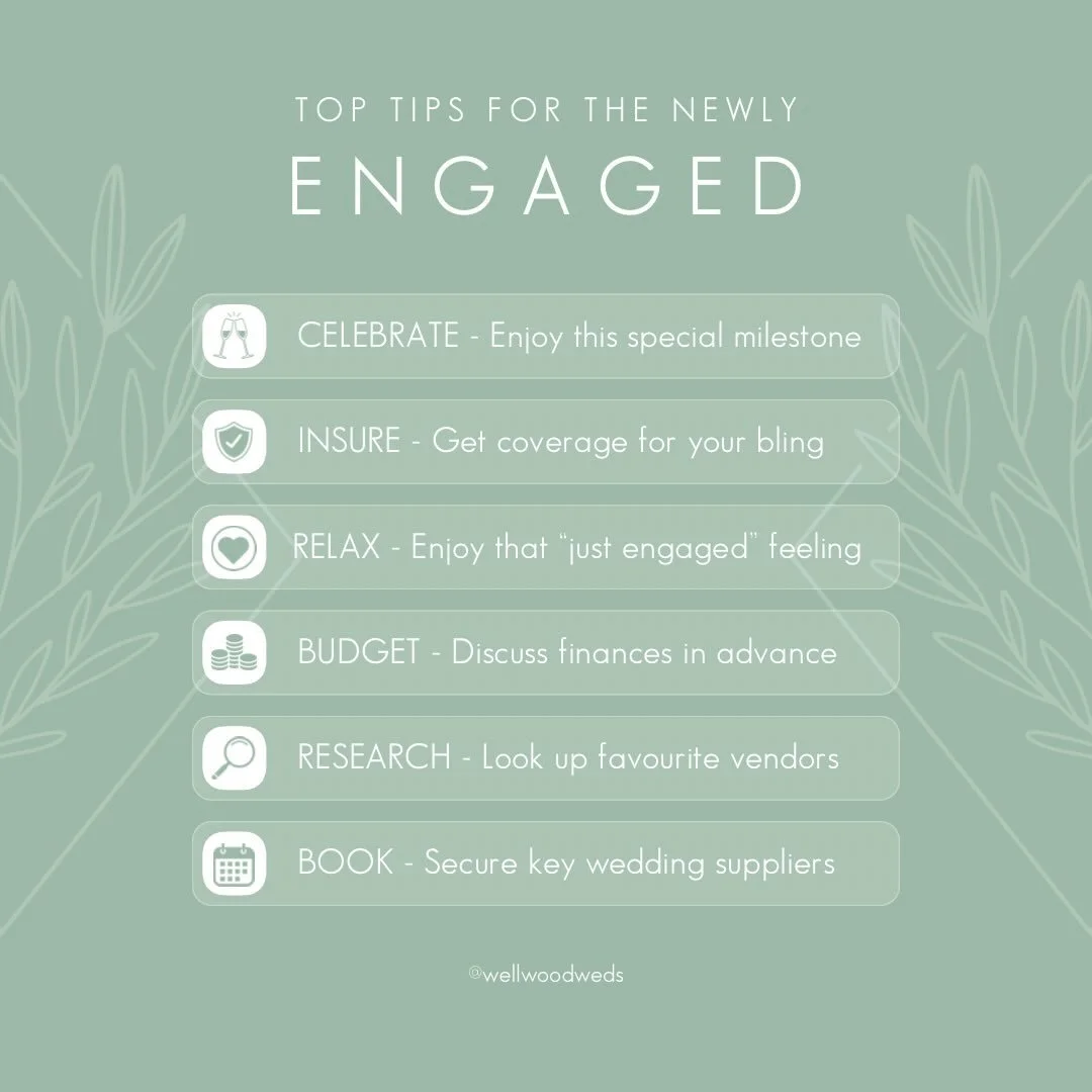 ENGAGED - Just got engaged and not sure what to do next? Well, we&rsquo;ve put together some top tips to help you navigate this new journey.
.
First things first, celebrate this amazing milestone! You&rsquo;ve said yes to the love of your life so cel