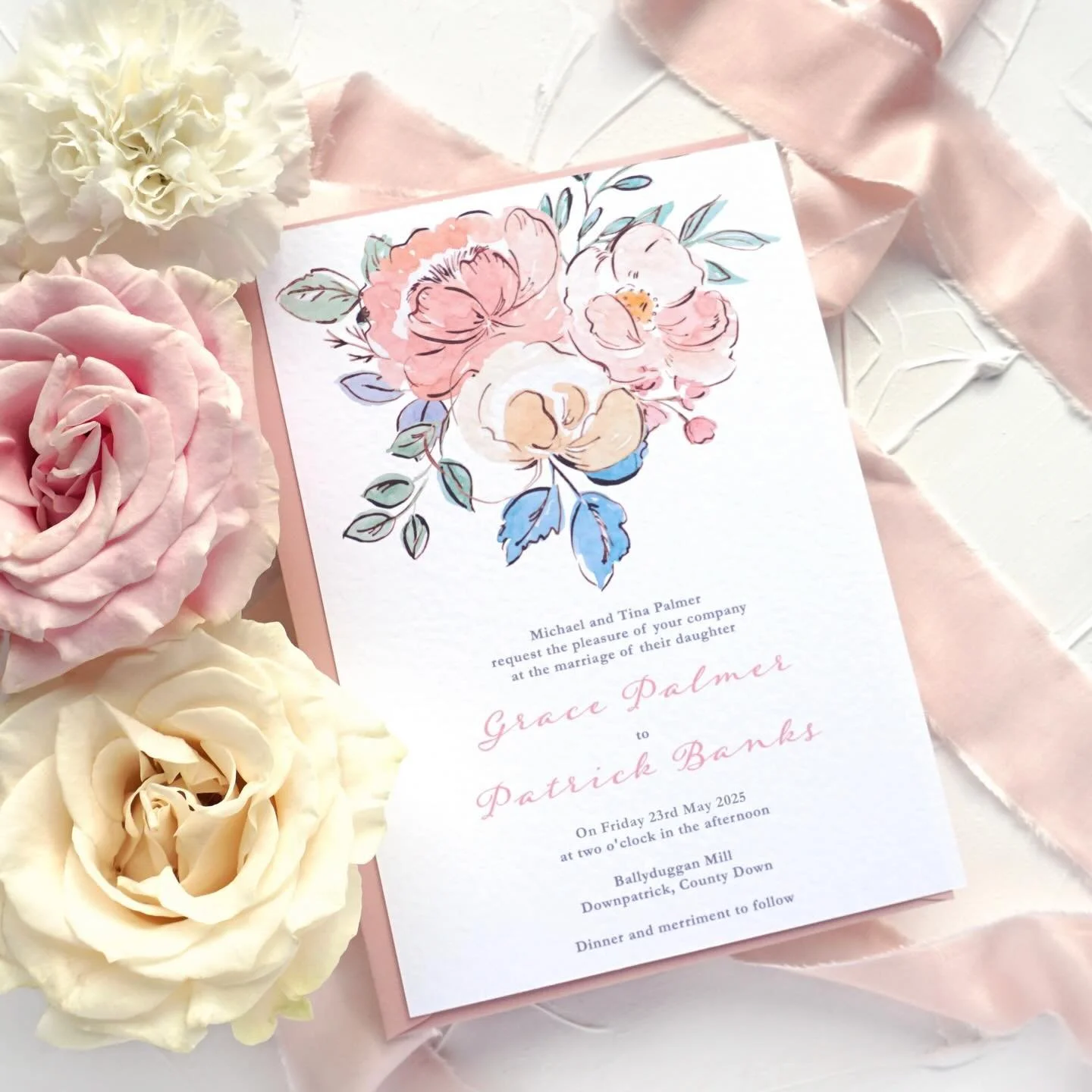 GRACE - Beauty and grace, it&rsquo;s in the name. Blissful blush tones with peony charm perfection. All wrapped up in a silk hand-dyed bow, this suite just embodies summertime sunshine
.
.
.
#weddingstationery #weddinginvitation #floralinvitation #we