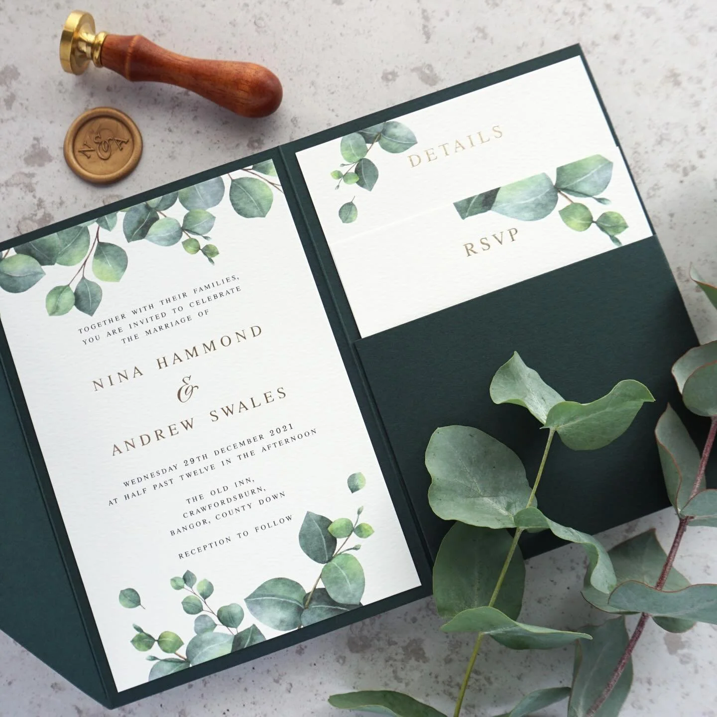 NINA - With three beautiful cards, each featuring luxury gold foil and housed in a Hunter green pocketfold; the Nina suite is a popular choice with couples all year round. This rich green pocketfold can be sealed with handmade wax seals, which can ev