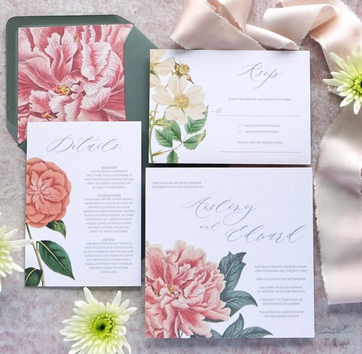 AISLING - We were thrilled to have our Aisling suite featured in British Vogue magazine. This beautiful double sided invitation is giving sunny garden, peony vibes, with delicate floral illustrations and soft typography, the suite offers a hint of su