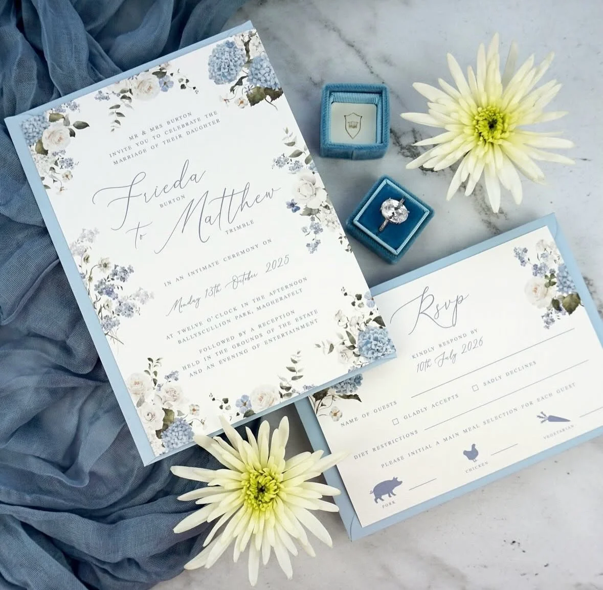 FRIEDA - Featuring soft watercolour hydrangeas, white roses, and elegant greenery the Frieda suite makes a statement. With its powder blue envelope and matching RSVP card, this design is your perfect &ldquo;something blue&rdquo;
.
.
.
#weddingstation