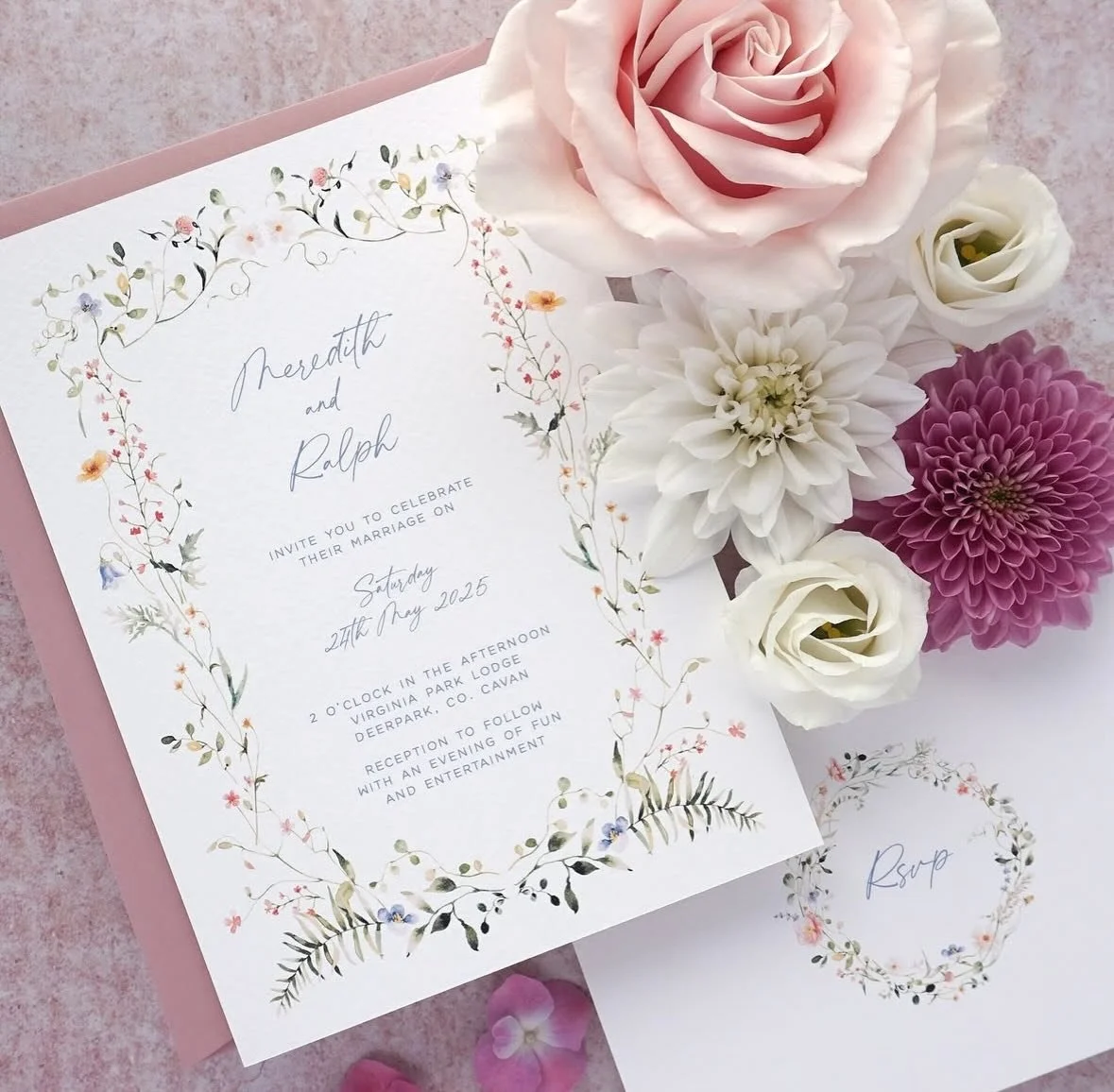 MEREDITH - Elegant, delicate and soft is how we would describe the Meredith suite. Printed on the finest Italian cardstock and paired with a luxury dusty rose envelope, this invitation is sure to impress your guests and set the tone for your wedding 