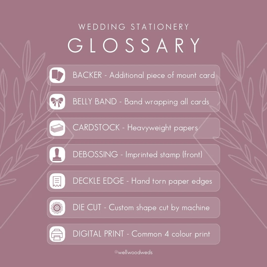 GLOSSARY - When it comes to stationery, there are a lot of different terms to describe processes and finishes. We&rsquo;ve put together a glossary of common terms to aid you in your stationery discussions
.
.
.
#weddingstationery #weddinginvitations 