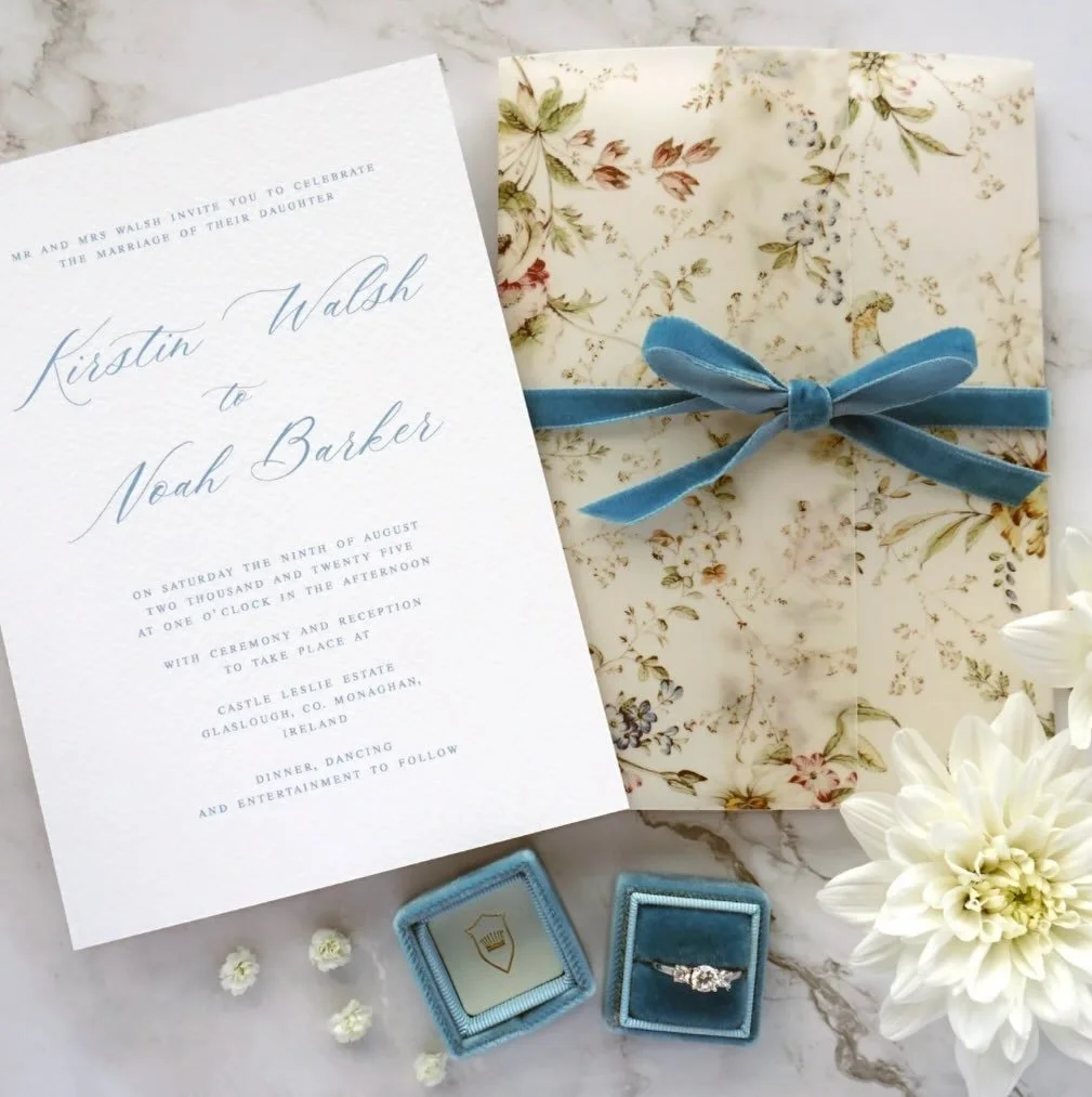 KIRSTIN - Delicate floral garden vibes are here with the Kirstin suite. With the wedding invitation printed on luxurious Italian cardstock and wrapped in a printed vellum jacket, this suite has it all, it&rsquo;s even tied up in a velvet bow!
.
.
.
#