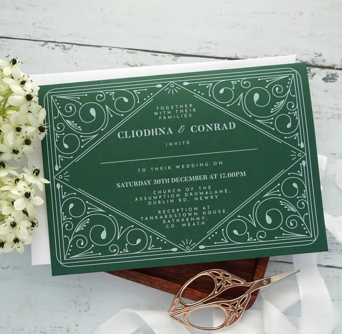 C&amp;C - This couple chose to reimagine our Frances suite into a folding card and printed onto gorgeous forest green cardstock. White ink printing is such a beautiful finish, especially on rich coloured card like this!
.
.
.
#weddingstationery #wedd