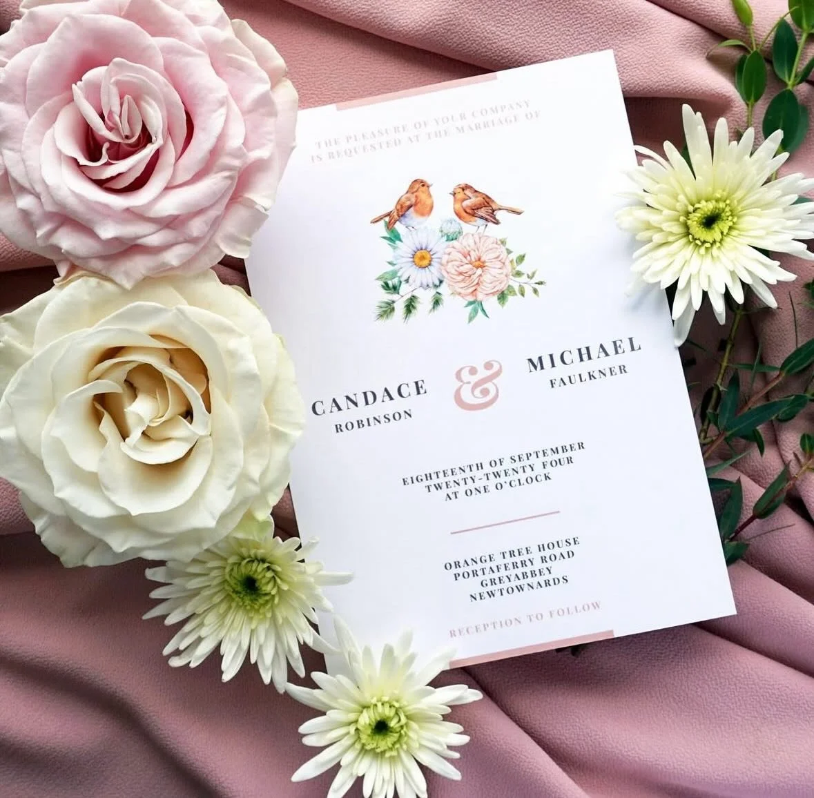 CANDACE - Delicate like a little Robin, this suite offers gorgeous peachy tones mixed with a summer garden feeling. Spotting a Robin on your wedding day is supposed to be good luck, so consider yourself lucky with these little ones on the invites
.
.