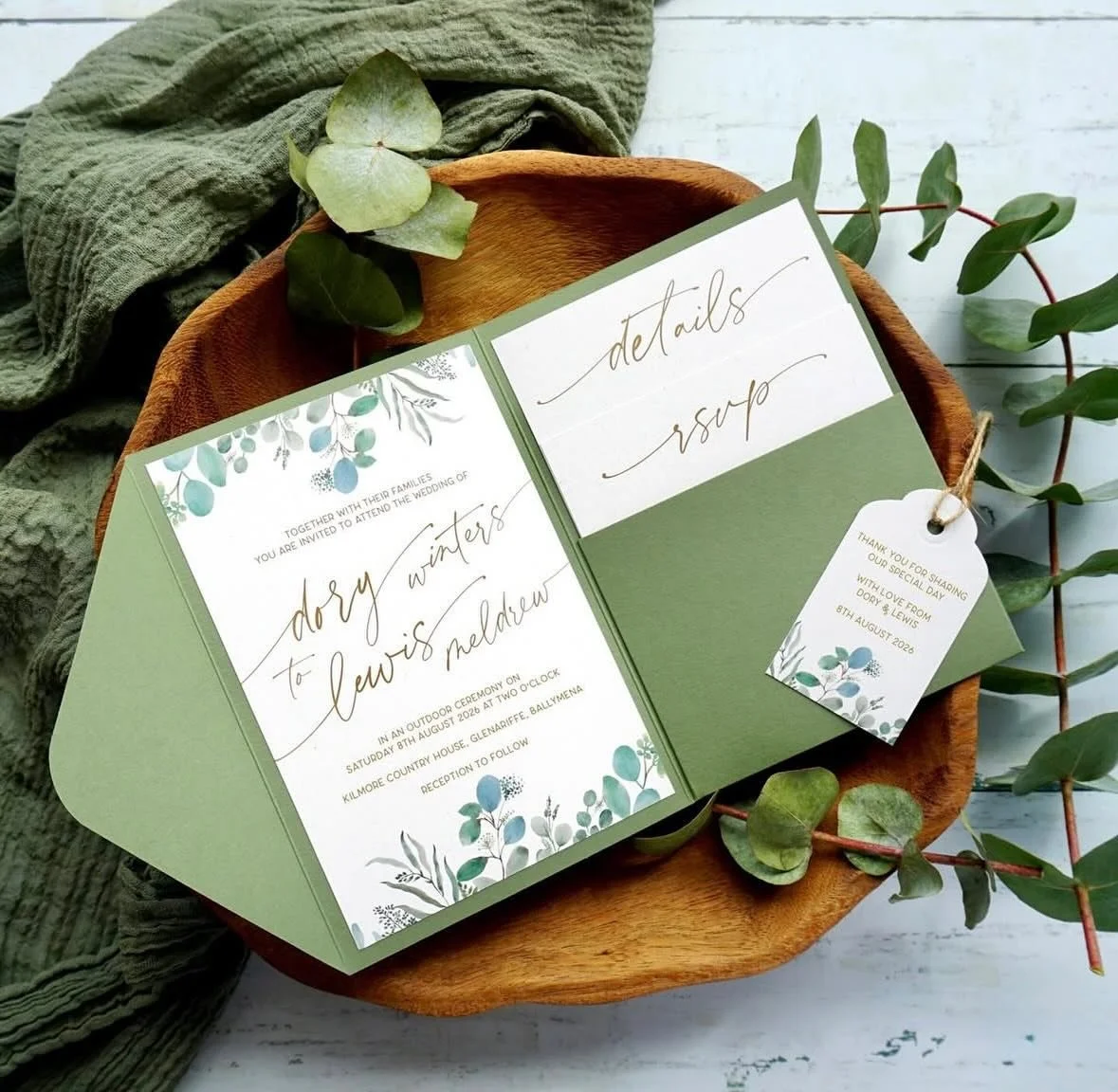 DORY - A delightful way to display your complete stationery suite, with an olive green pocketfold, printed on recycled cardstock and carefully tied closed with rustic twine. Want to complete the look? Consider other matching stationery items for the 