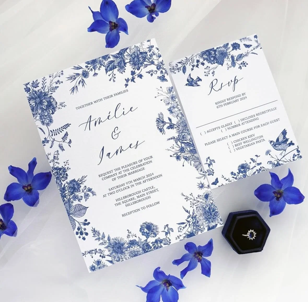 AM&Eacute;LIE - Featuring delicate garden illustrations, this royal blue suite achieves patterned perfection. The Am&eacute;lie suite is a huge hit for those looking for a more traditional style, yet paired with some elegant typography
.
.
.
#wedding